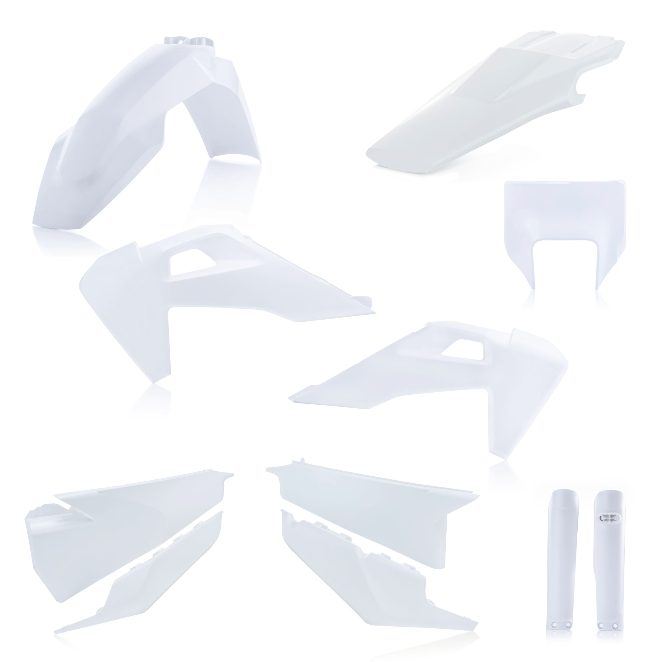 White plastic motorcycle parts on a white background