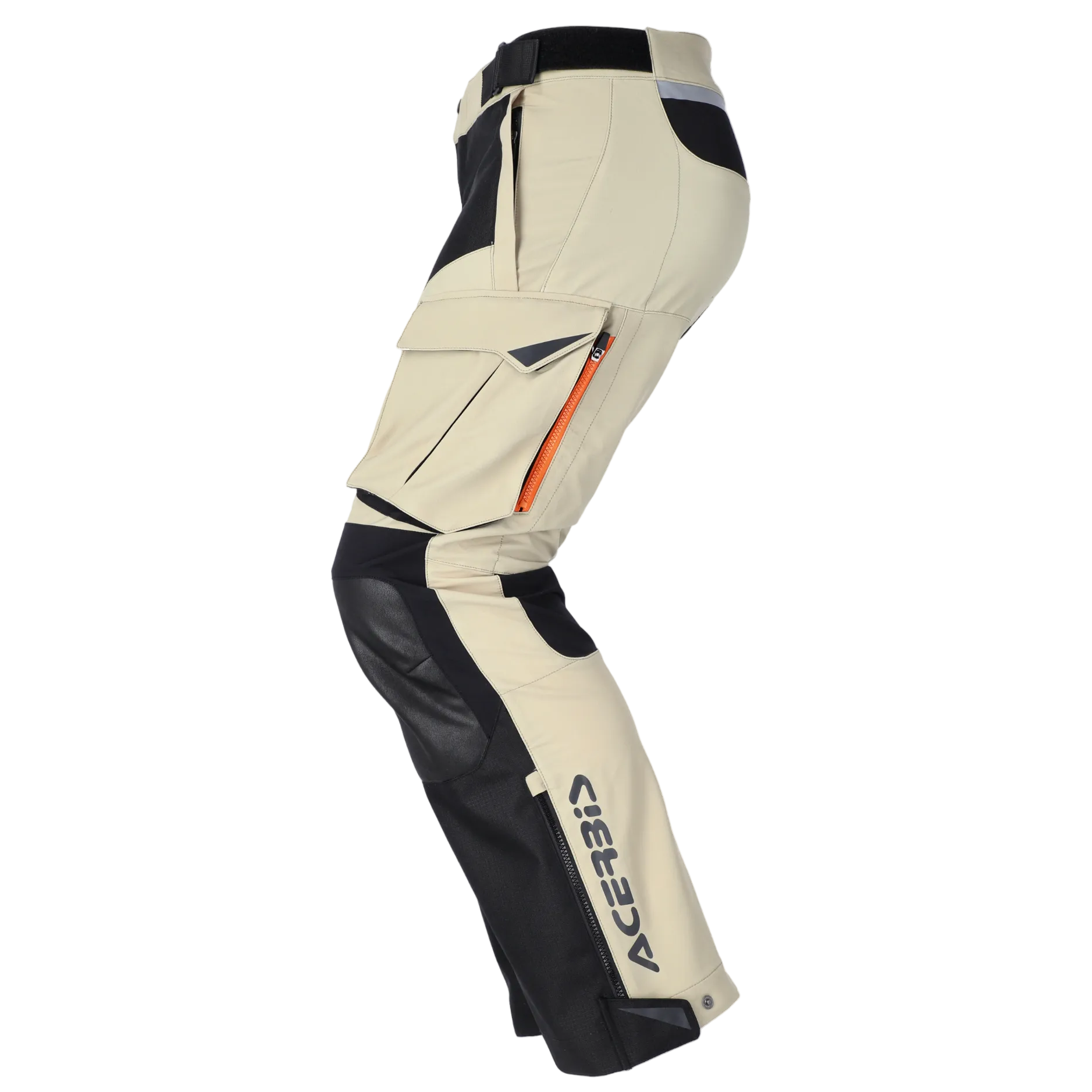 Beige and black motorcycle pants with Acerbis branding on a white background