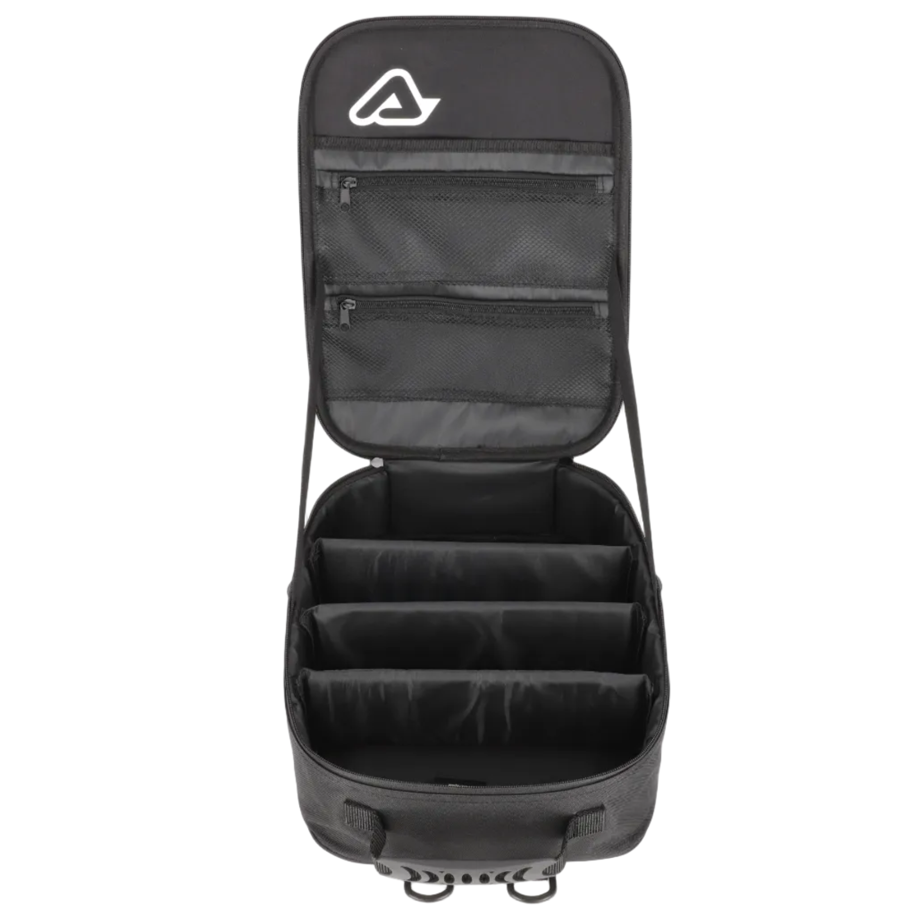 Black travel bag with open top compartment on a white background