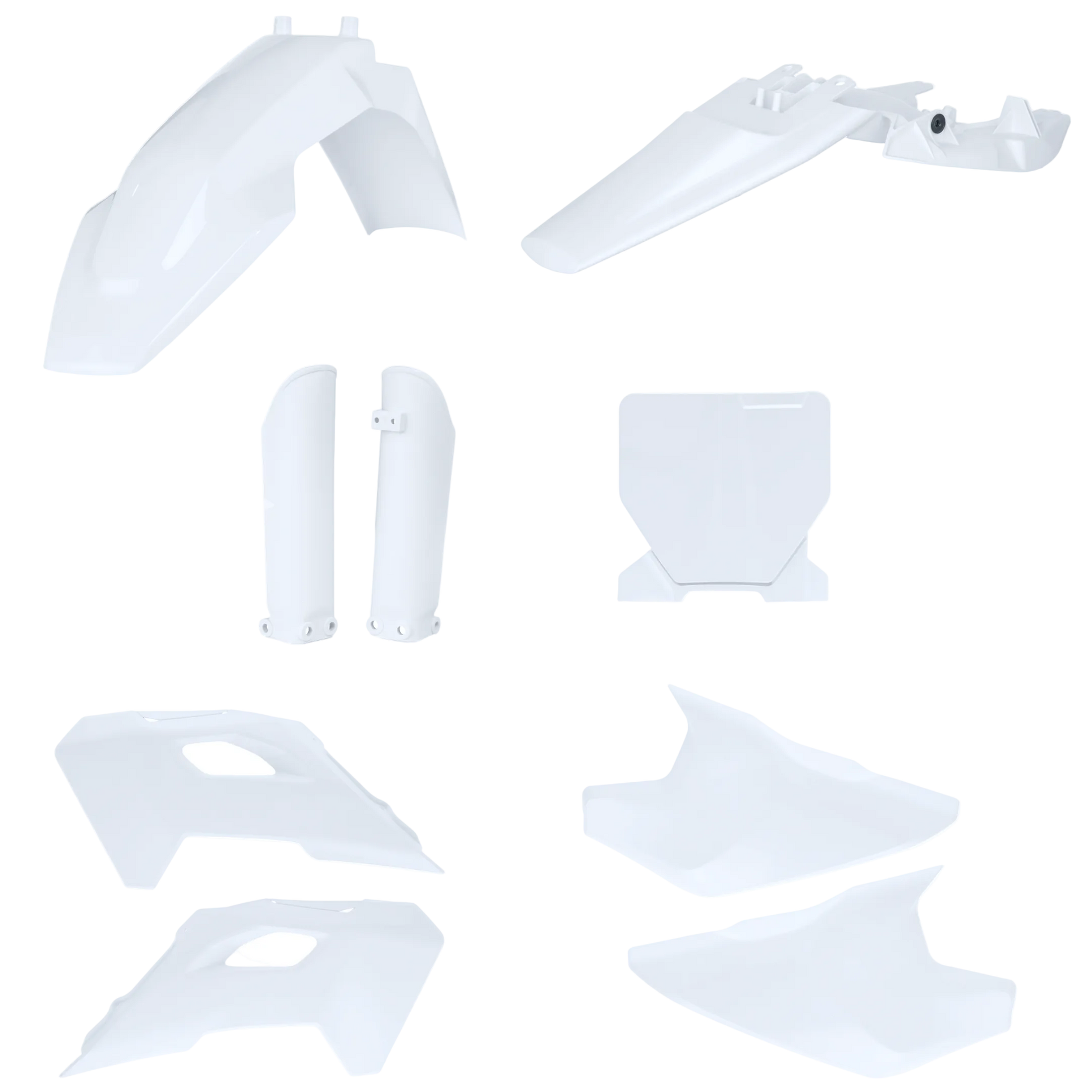 Set of white plastic motorcycle parts on a white background