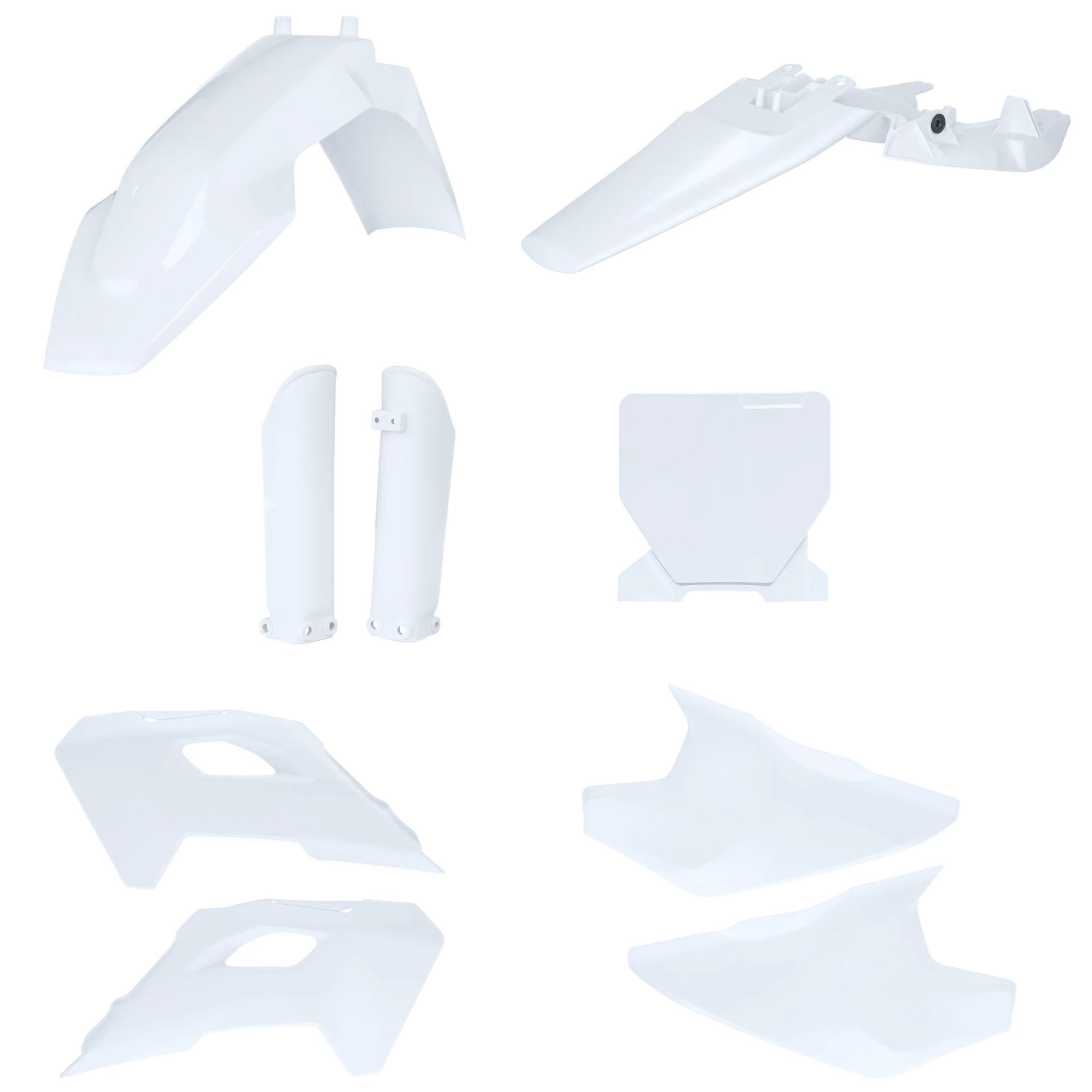 Set of white plastic motorcycle parts on a white background