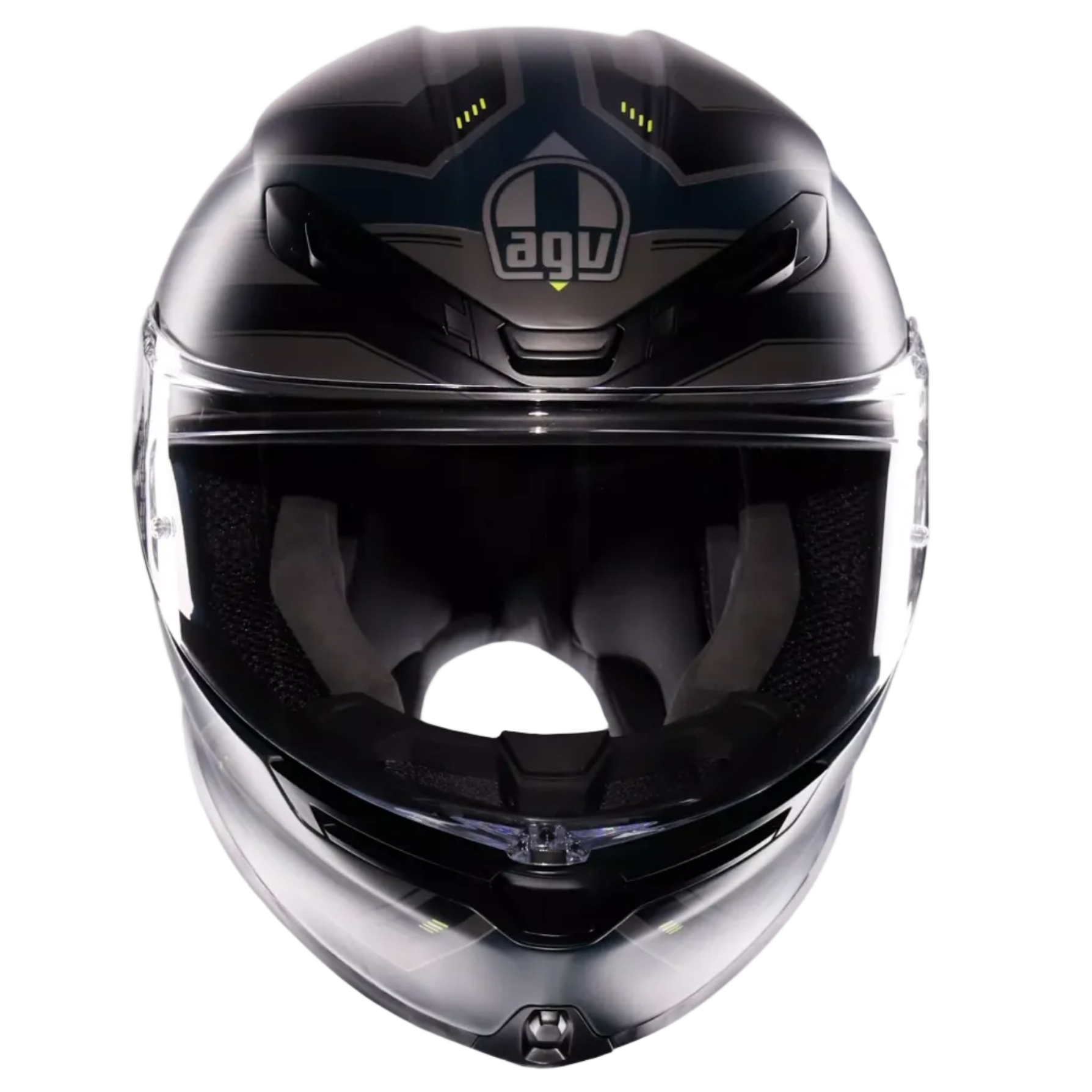 A glossy black full-face motorcycle helmet with a clear visor, shown from the front against a light gray background. The AOW brand logo is visible on the forehead.