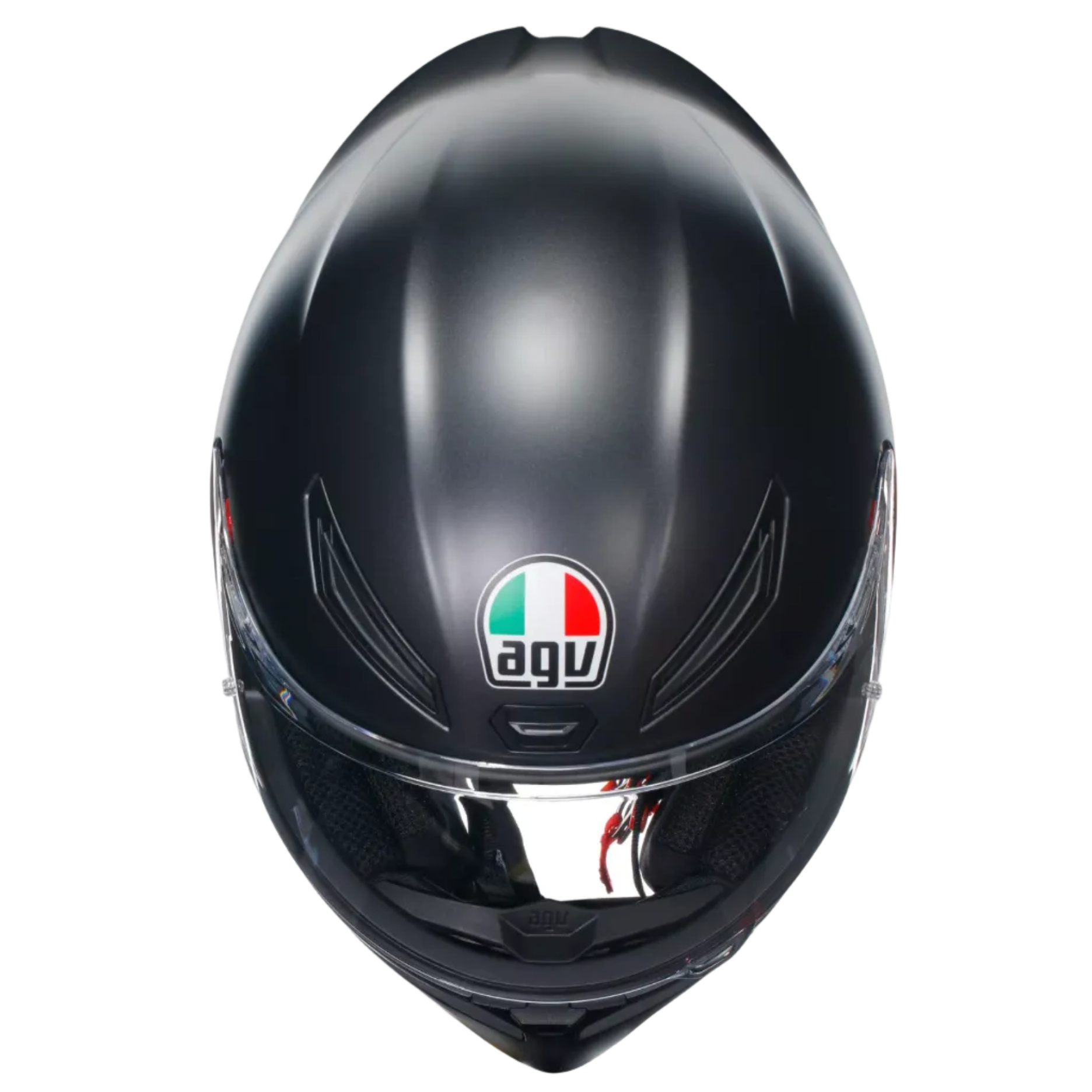 A matte black AGV full-face motorcycle helmet shown from a front-facing perspective against a light gray background.