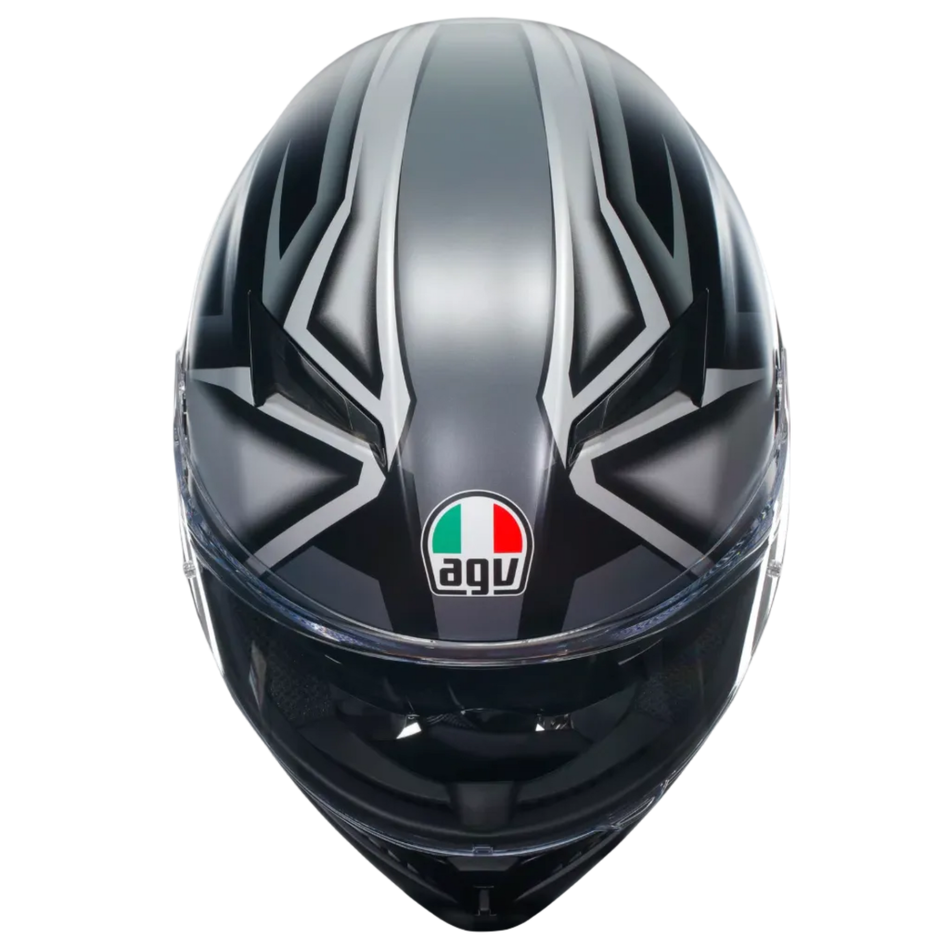 A full-face motorcycle helmet in a glossy black and metallic silver graphic livery, featuring the AGV logo on the forehead, shown against a solid light gray background.