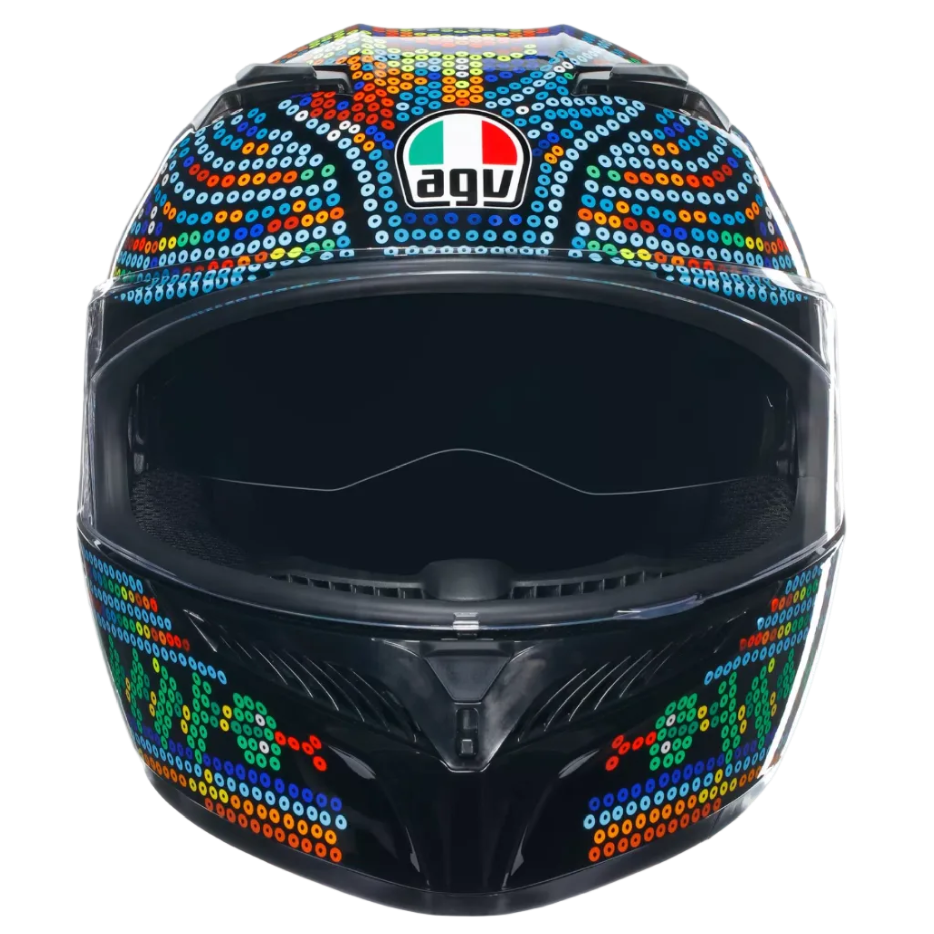 A black full-face motorcycle helmet decorated with colorful rhinestone-like dot patterns and the AGV logo on the forehead, shown against a light gray background.