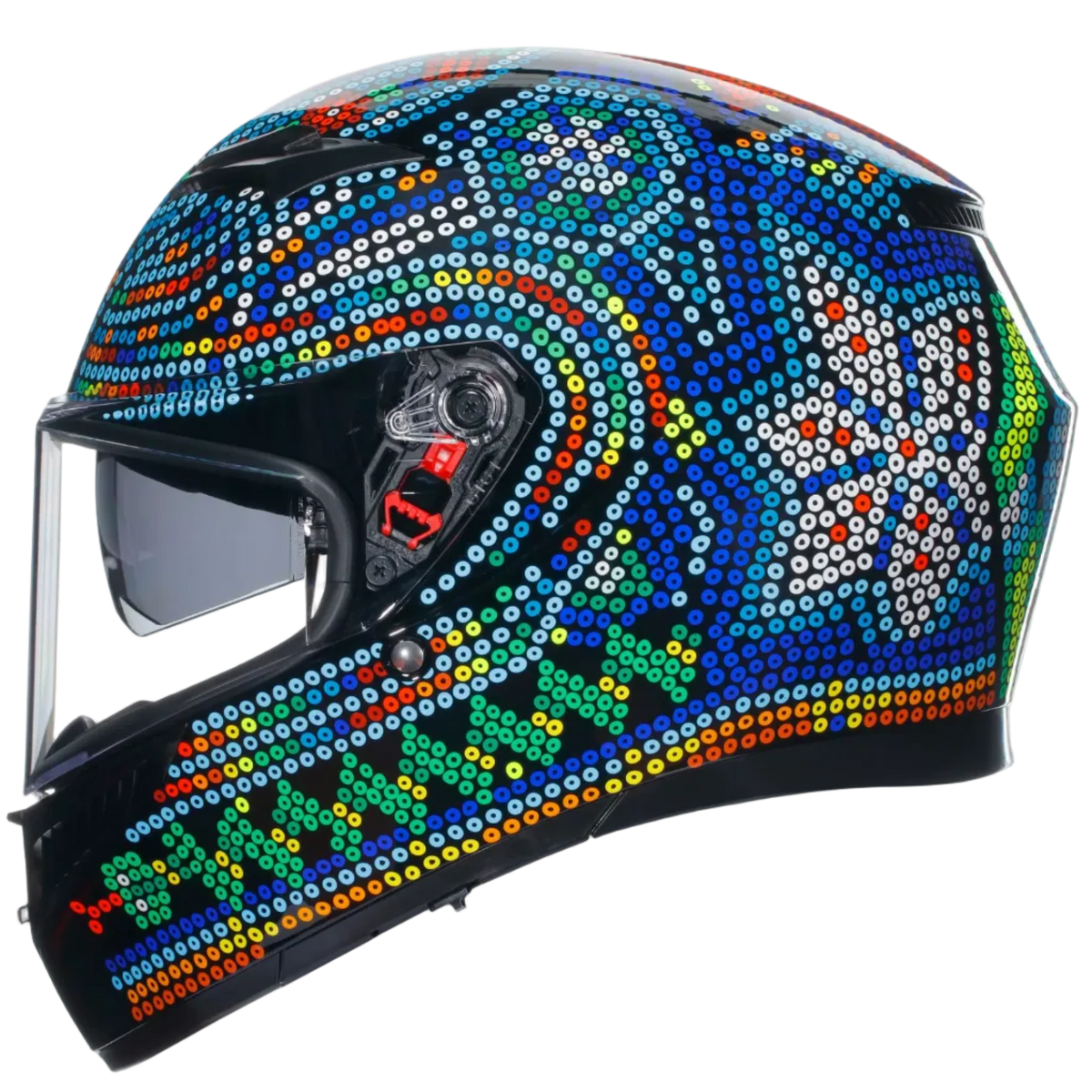 A full-face motorcycle helmet decorated with a dense, colorful rhinestone or bead mosaic pattern on a black base, shown against a light gray background.
