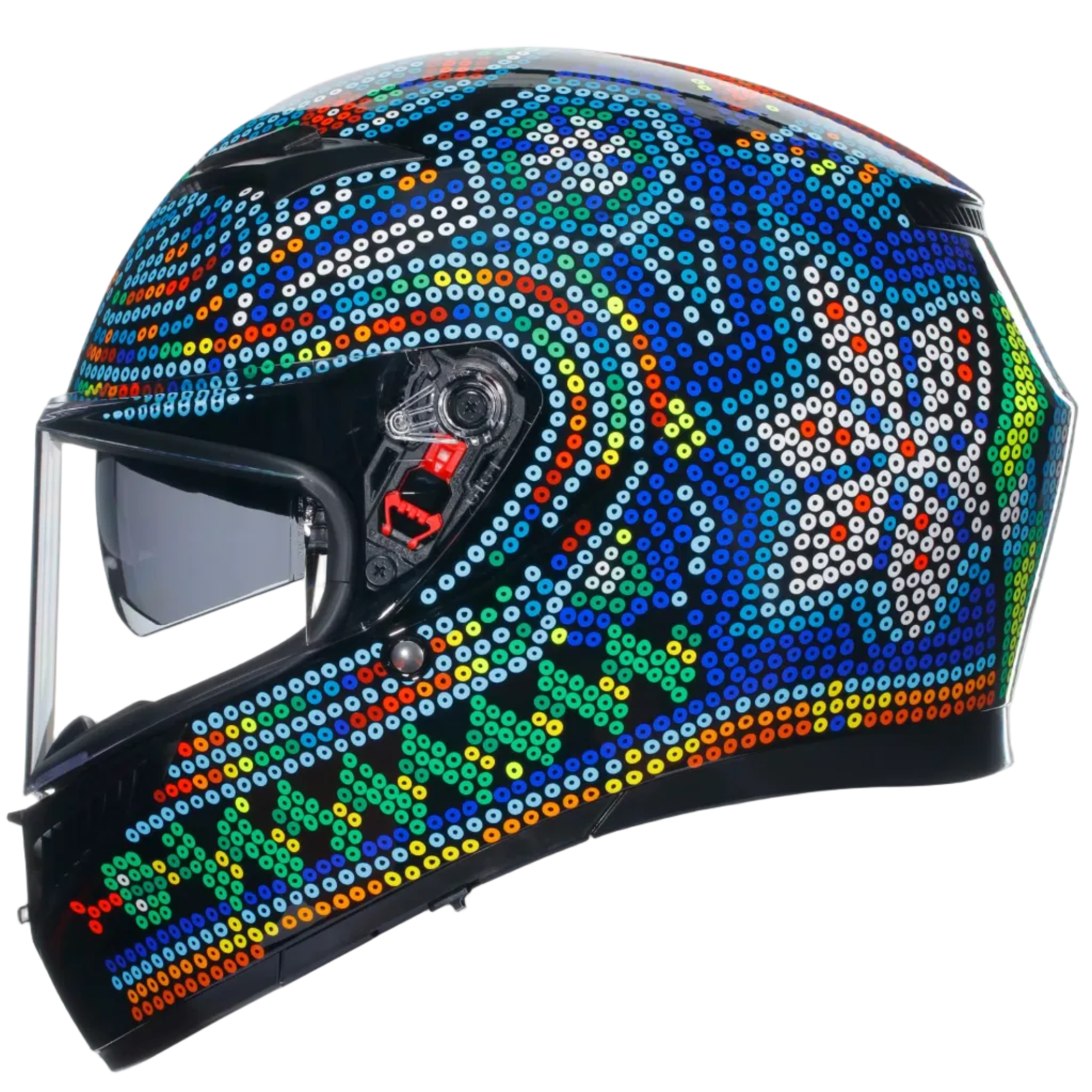 A full-face motorcycle helmet decorated with a dense, colorful rhinestone or bead mosaic pattern on a black base, shown against a light gray background.