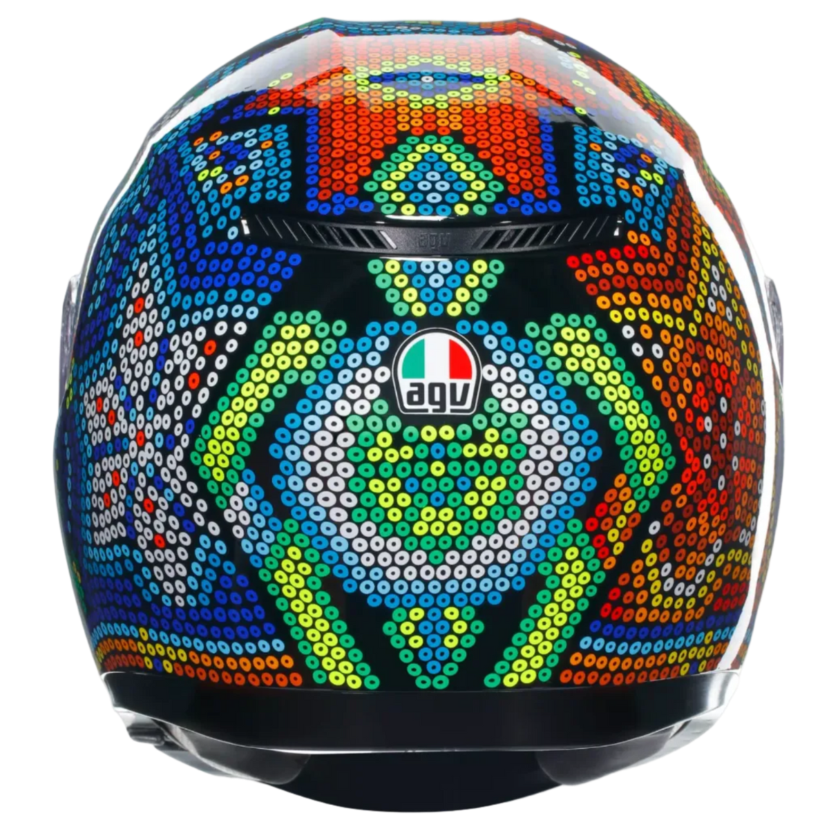 A full-face motorcycle helmet with a vibrant, multicolor geometric dot pattern on a black base, featuring the AGV logo on the forehead, set against a solid light gray background.