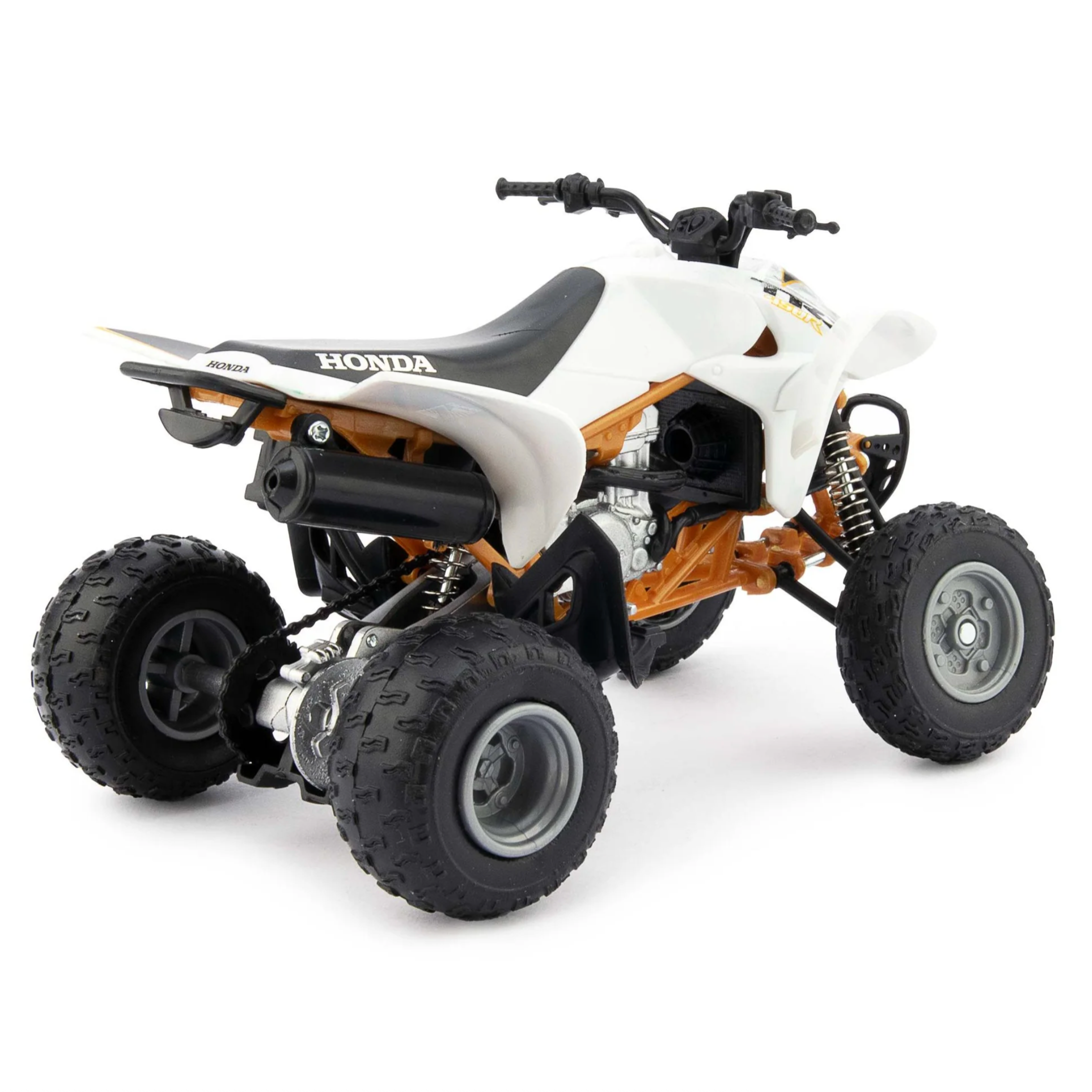 A white and black Honda quad bike with orange accents, featuring large black off-road tires and a visible engine, photographed on a clean white background.