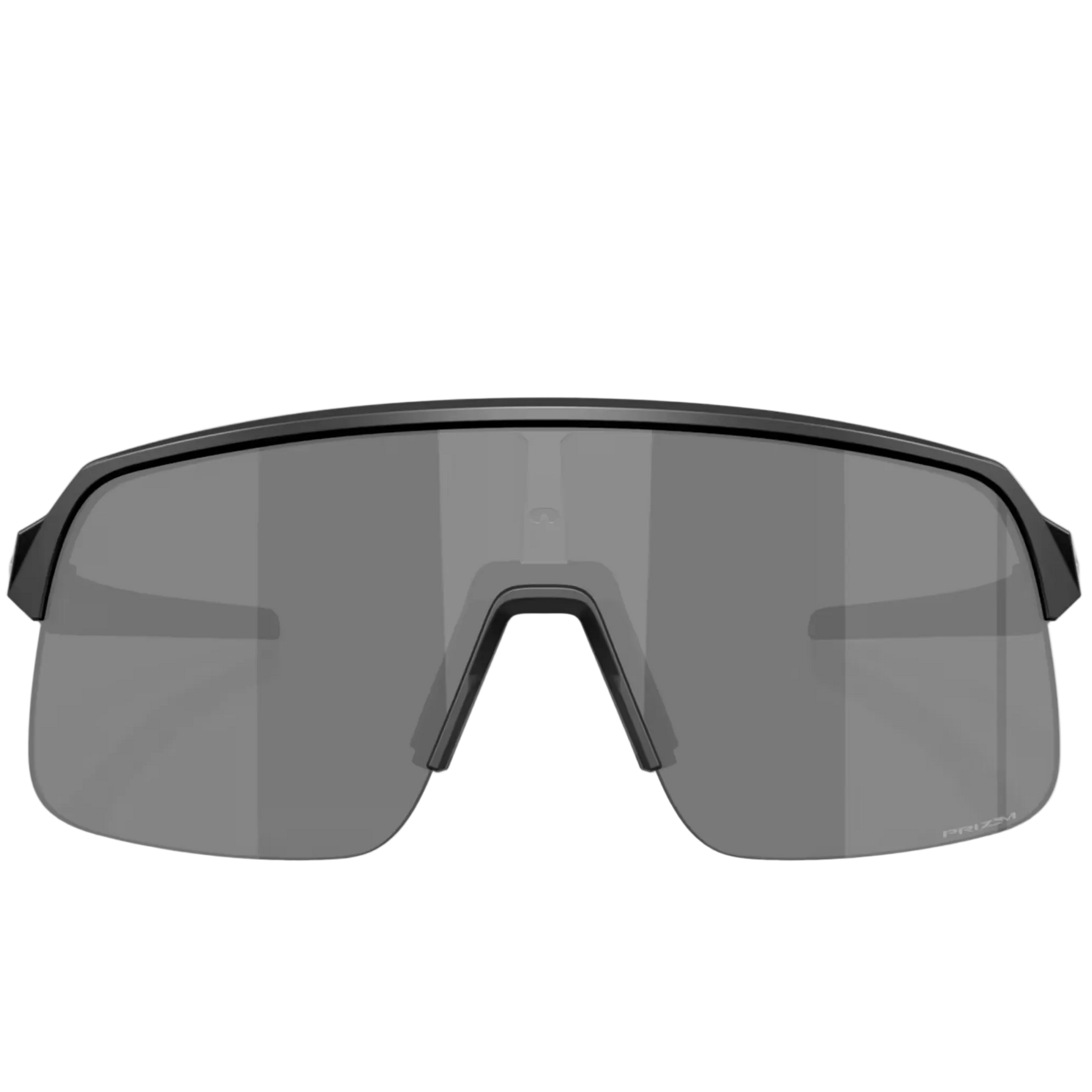 A pair of shield-style sports sunglasses with a matte black frame and dark gray tinted lenses, shown against a clean white background with a subtle reflection.