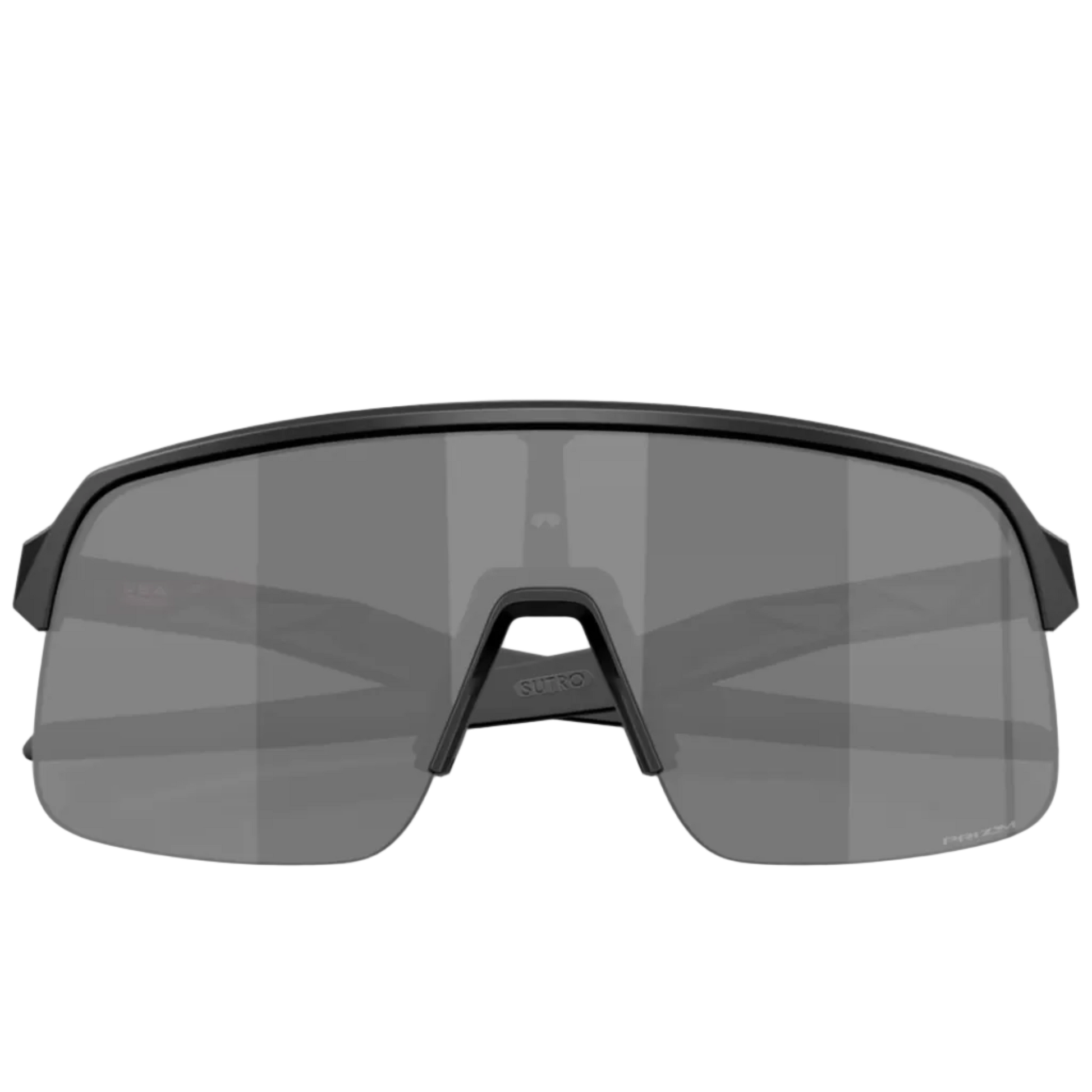 A pair of shield-style sunglasses with a matte black frame and dark gray lenses, shown from the front on a light gray background.