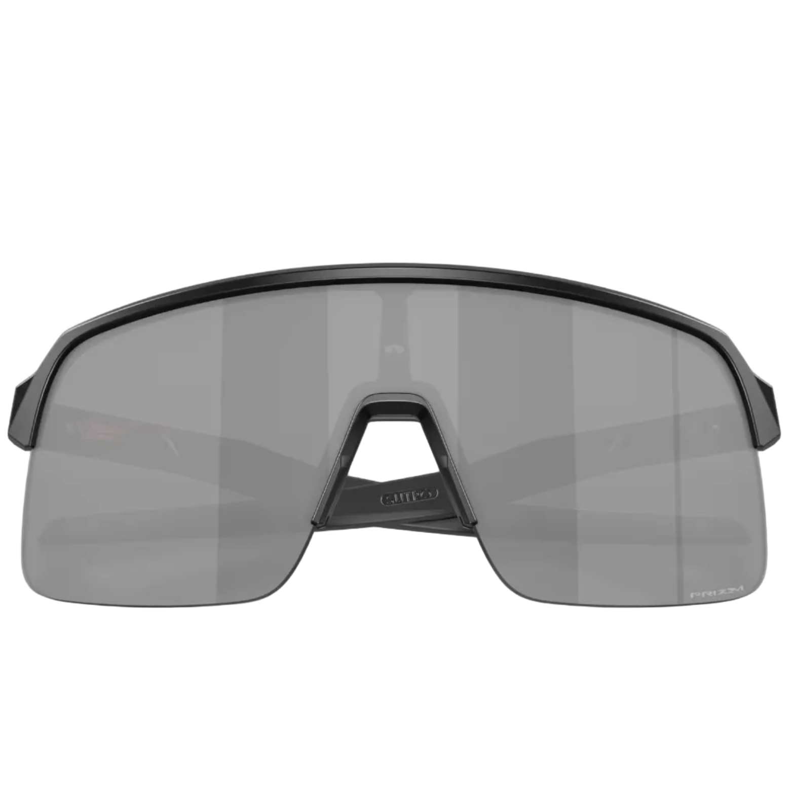 Oakley shield-style sunglasses with a matte black frame and a dark gray tinted lens, shown from the front on a light gray background.