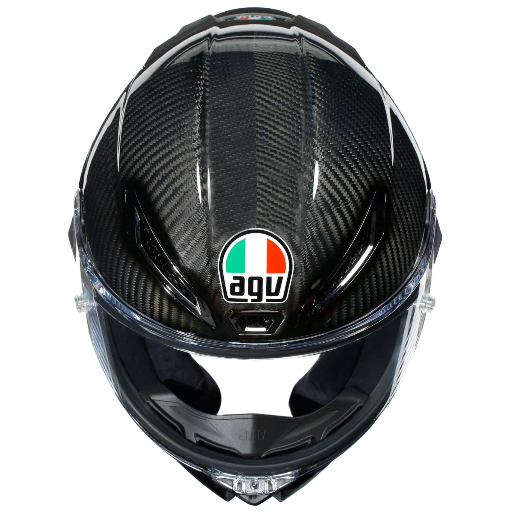 A black carbon fiber full-face motorcycle helmet with a clear visor, featuring the AGV logo on the forehead and a small Italian flag emblem.