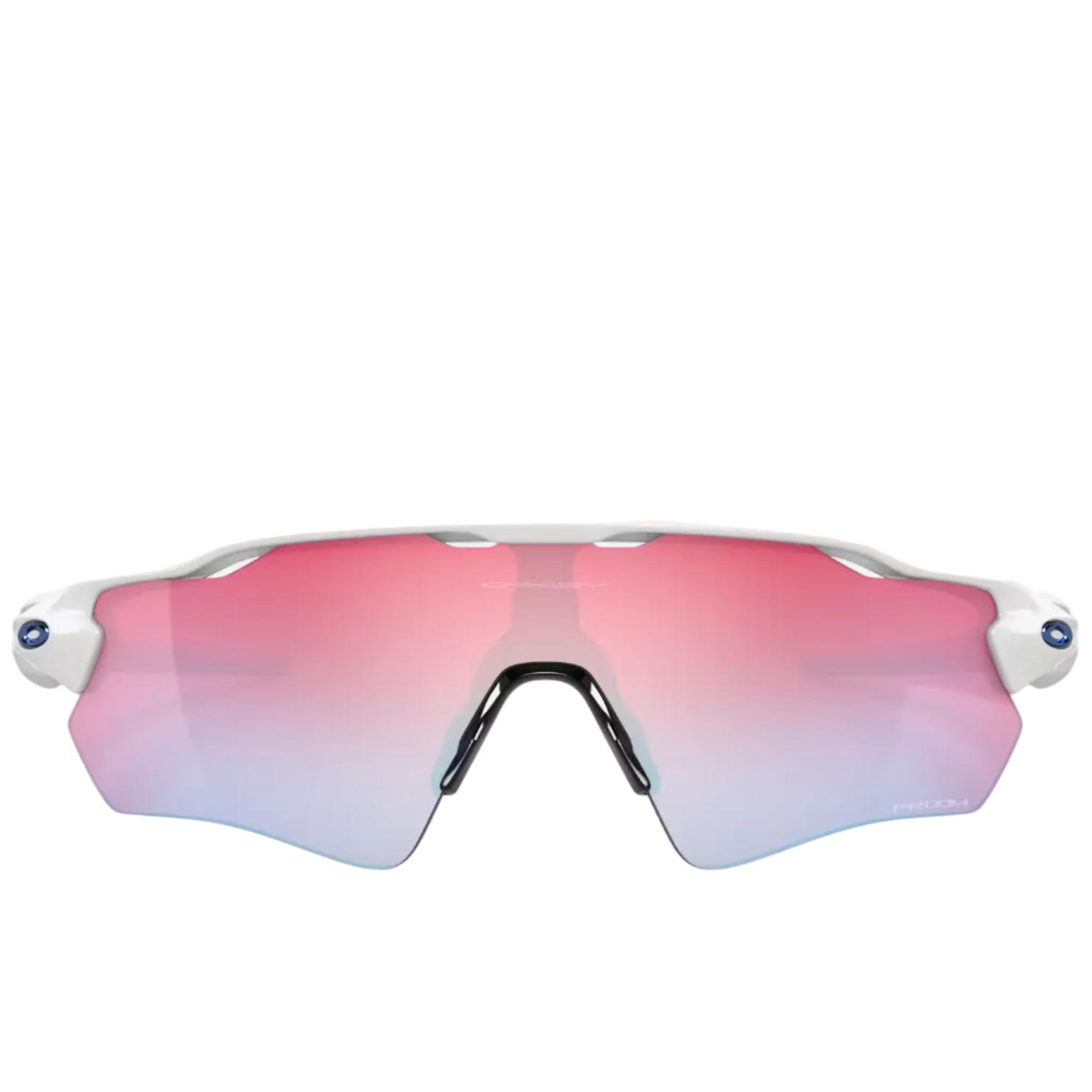 Oakley road sunglasses with a white frame and a pink-to-blue gradient polarized lens, shown on a light gray background with a soft reflection.
