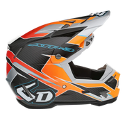 A full-face motocross helmet in a black, orange, and silver color scheme with a carbon fiber texture, featuring the 'ATX-3' model name and a stylized '6D' logo on the lower side.