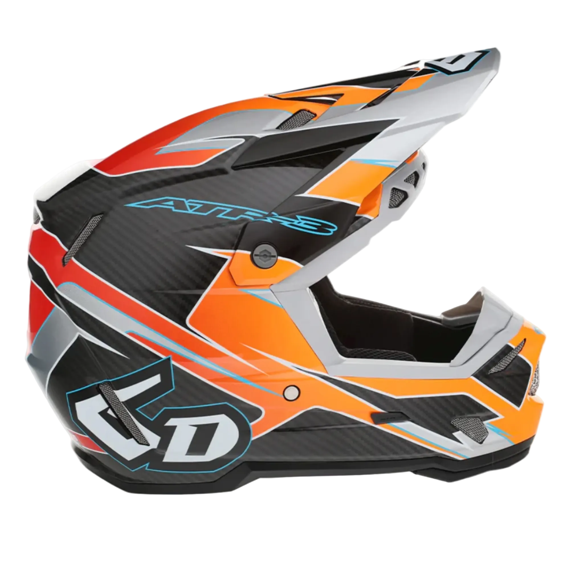 A full-face motocross helmet in a black, orange, and silver color scheme with a carbon fiber texture, featuring the 'ATX-3' model name and a stylized '6D' logo on the lower side.