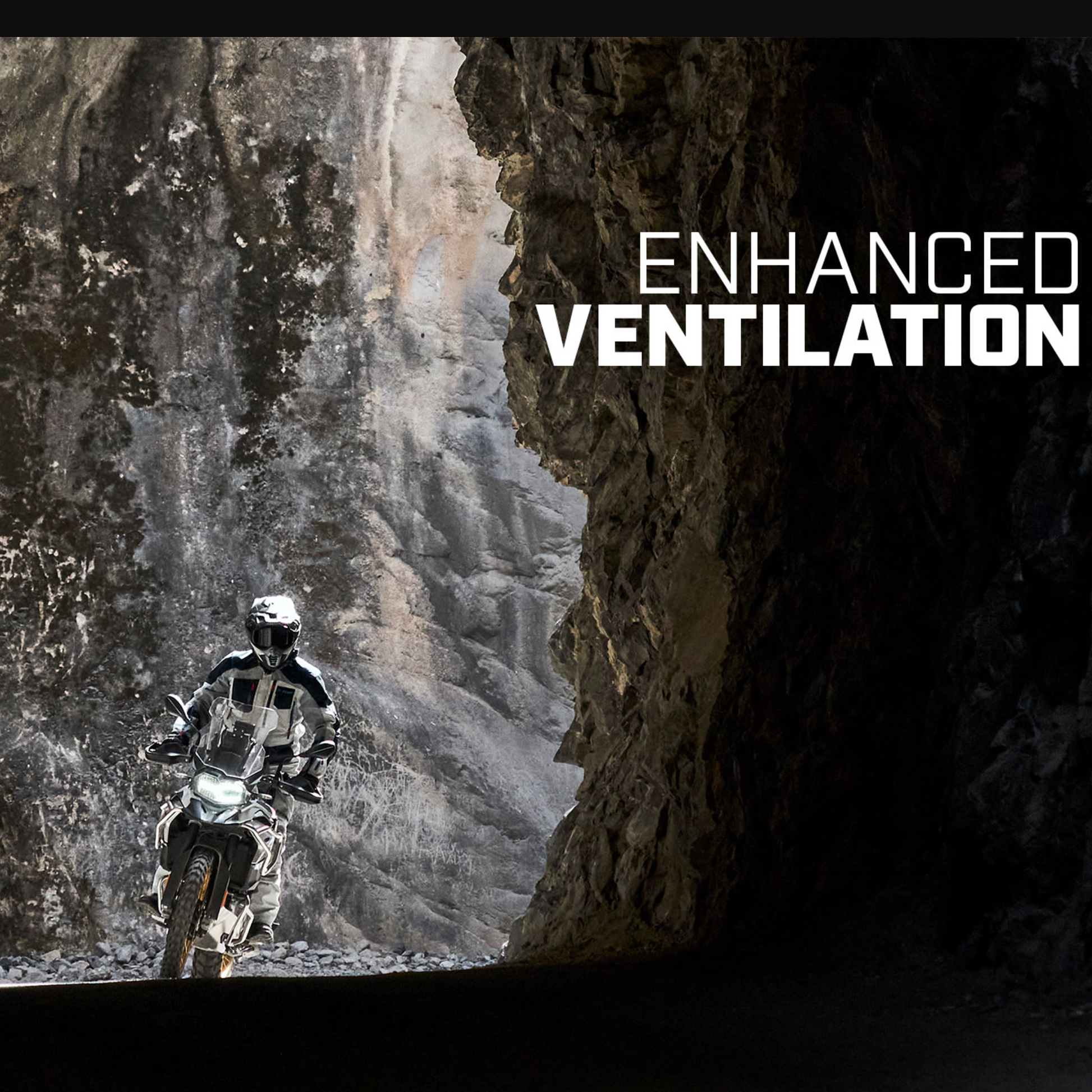 Person on a motorcycle emerging from a cave with 'Enhanced Ventilation' text.