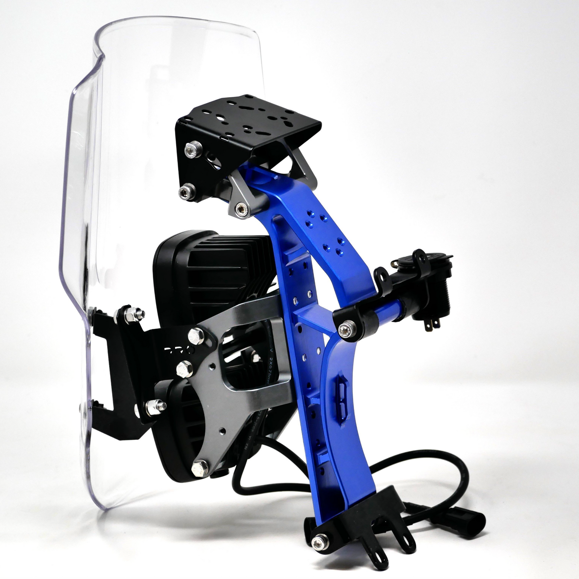 Mechanical device with a blue arm and clear shield on a white background