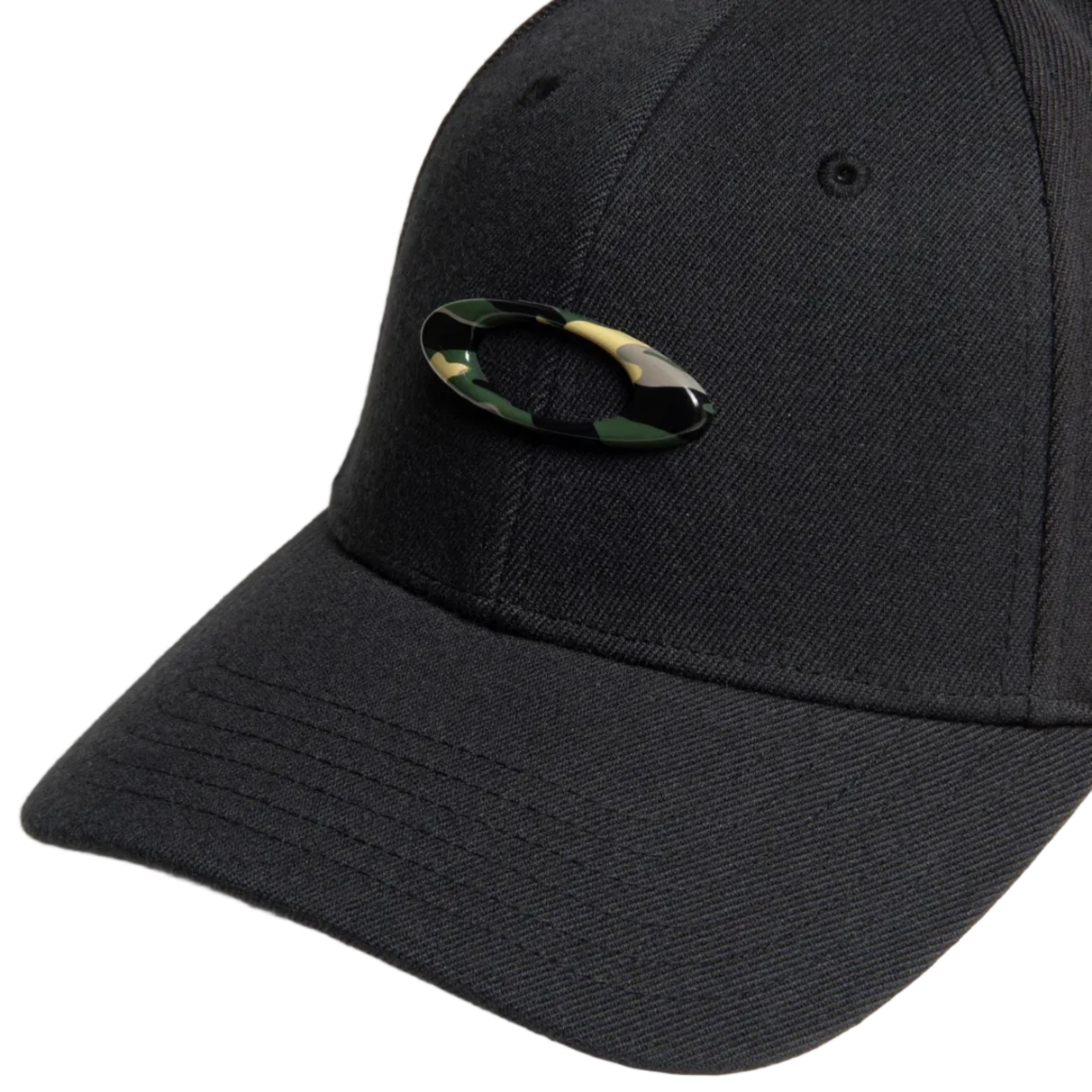 Black cap with a camouflage logo on a light gray background