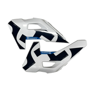 Two white handguards with black and blue branding on a white background