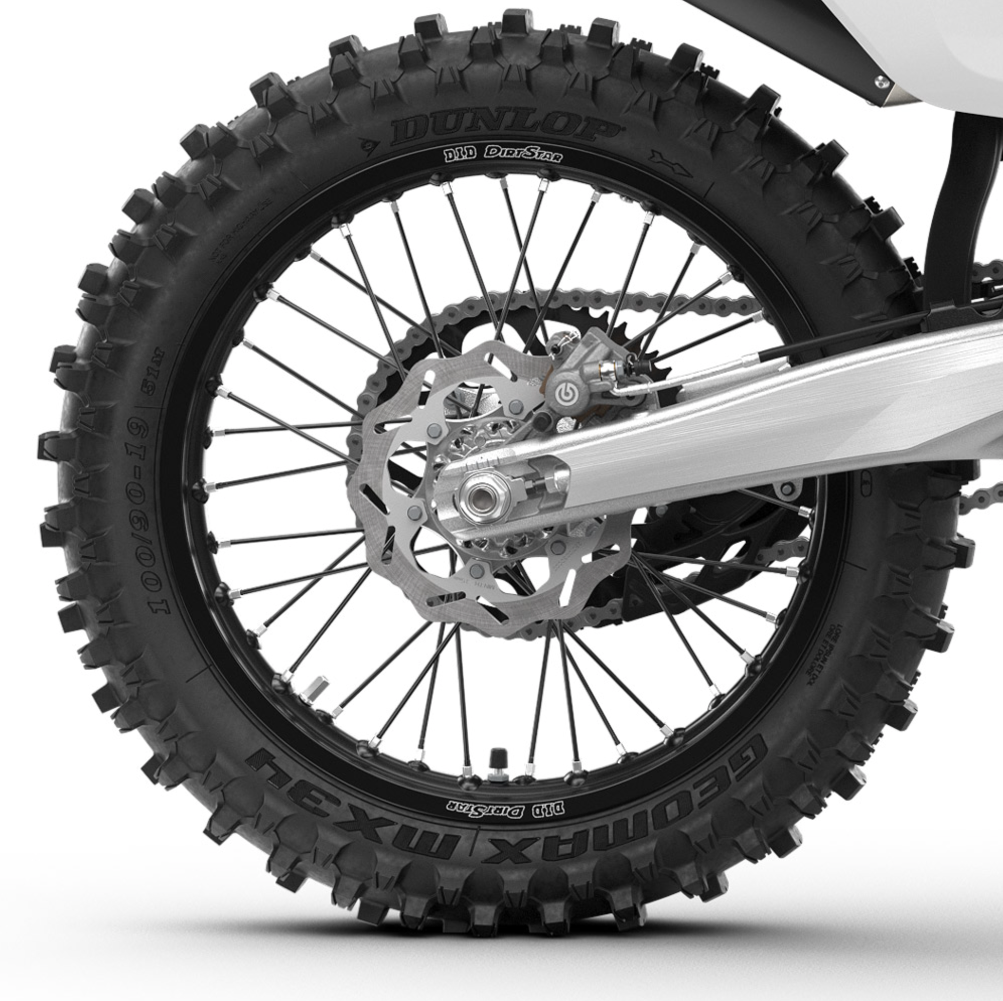 Close-up of a motorcycle wheel with a white background