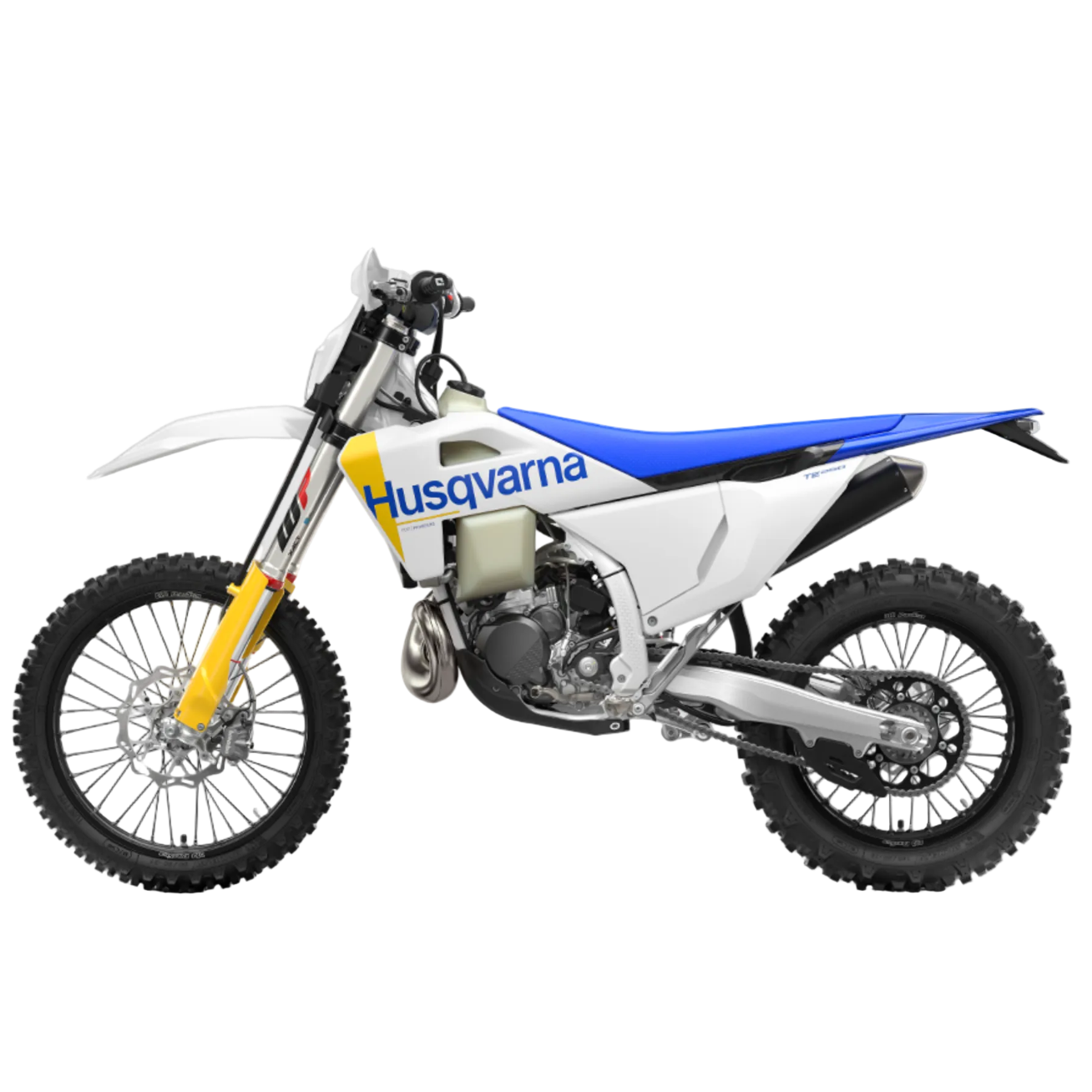 A Husqvarna dirt bike in white, blue, and yellow, shown from a side profile view against a light gray background.