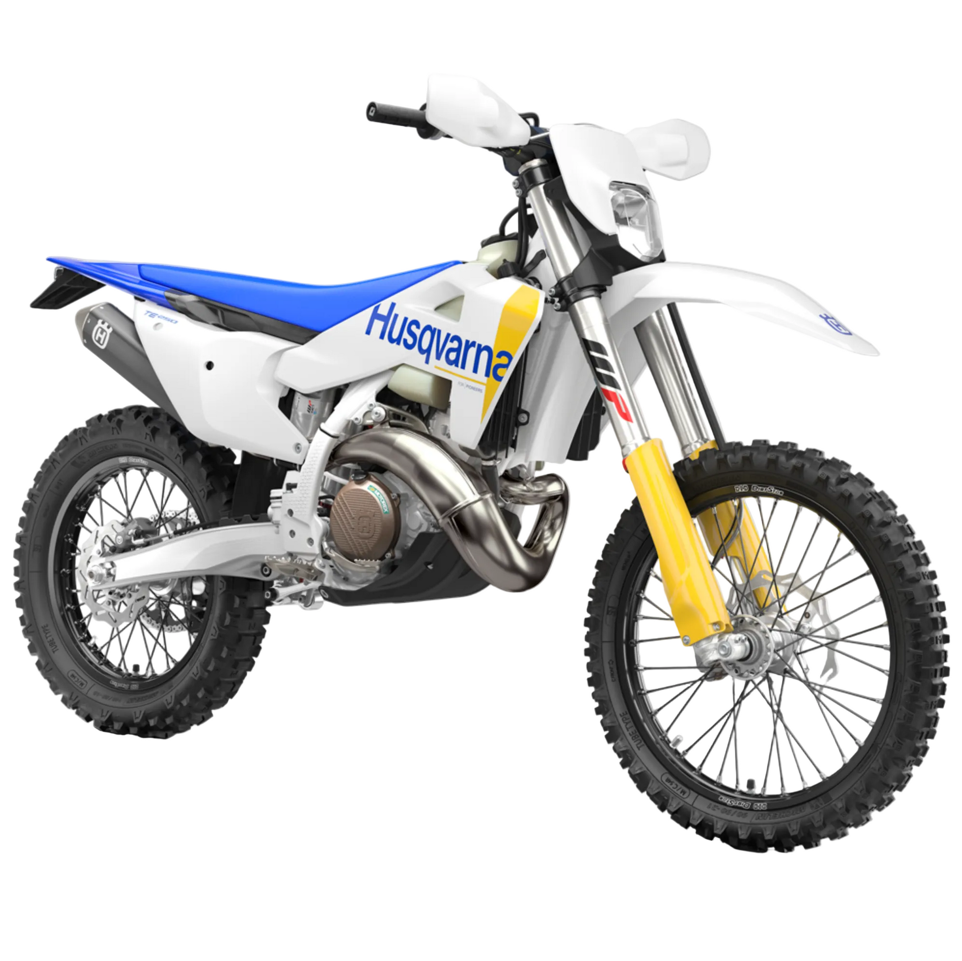A white and blue Husqvarna dirt bike with yellow forks, shown from a three-quarters front angle on a light gray background.