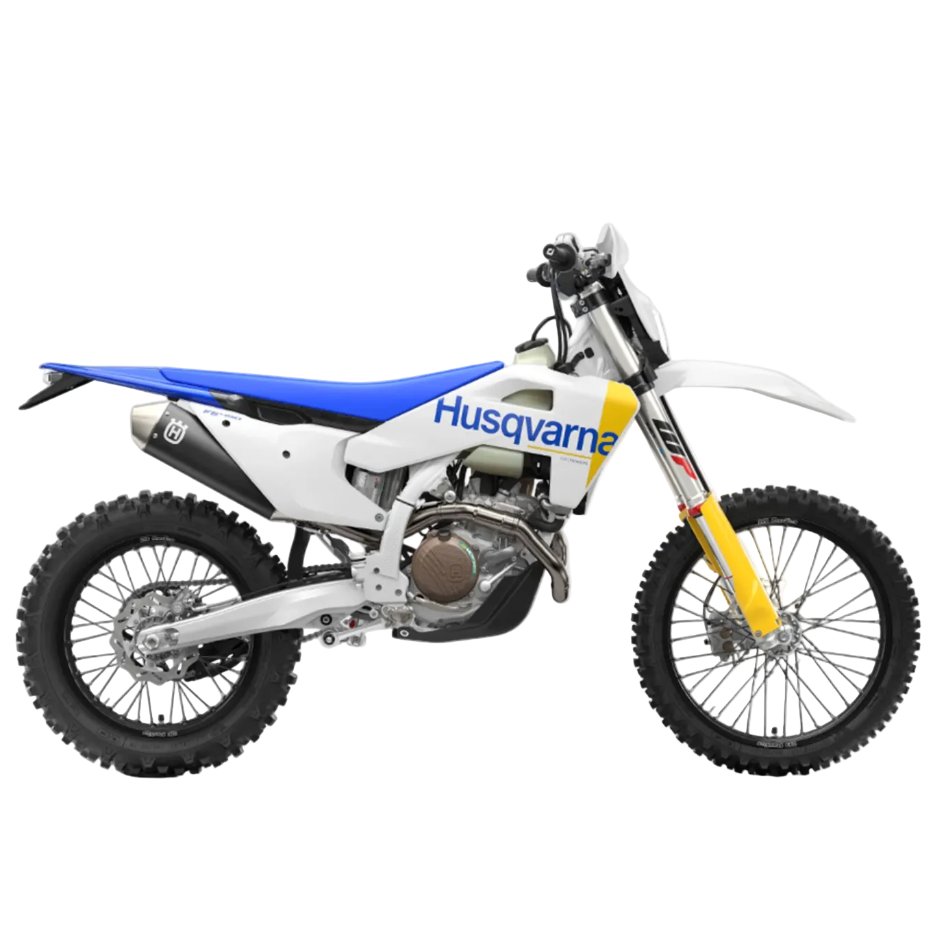 A Husqvarna dirt bike with a white and blue body, yellow front fork accents, and black knobby tires, shown against a light gray background with a 'Factory Manufacturer's Warranty 2025' badge in the top-left corner.