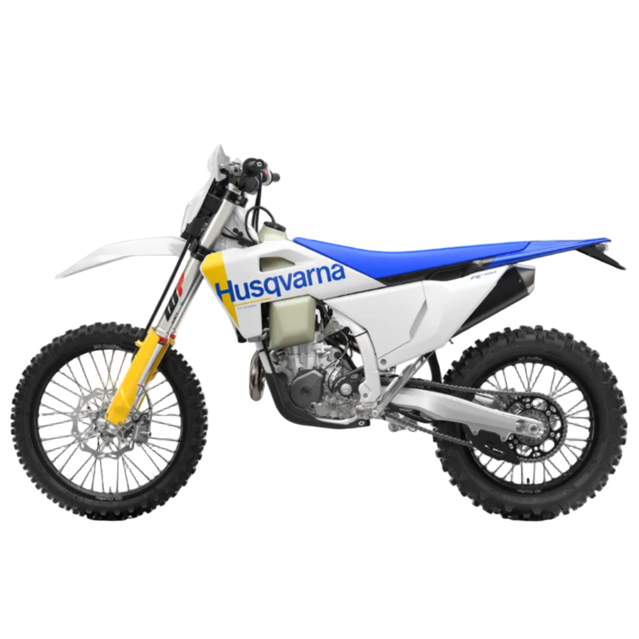 A Husqvarna dirt bike with a white and blue color scheme, featuring yellow accents on the front fork and side panel, set against a solid light gray background.