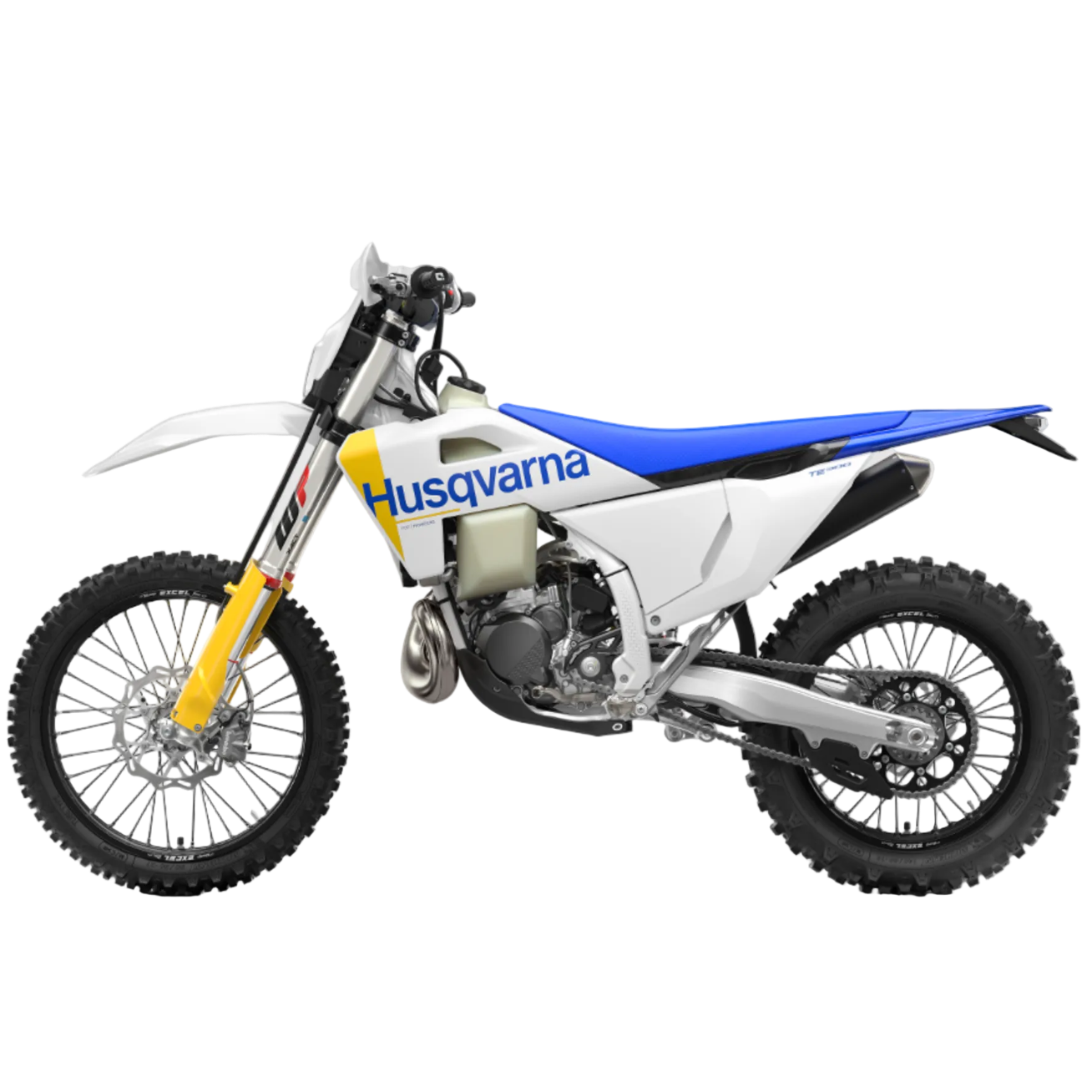 A Husqvarna dirt bike with a white body, blue seat and tail, and yellow front fork, shown in a clean side profile on a light gray background.