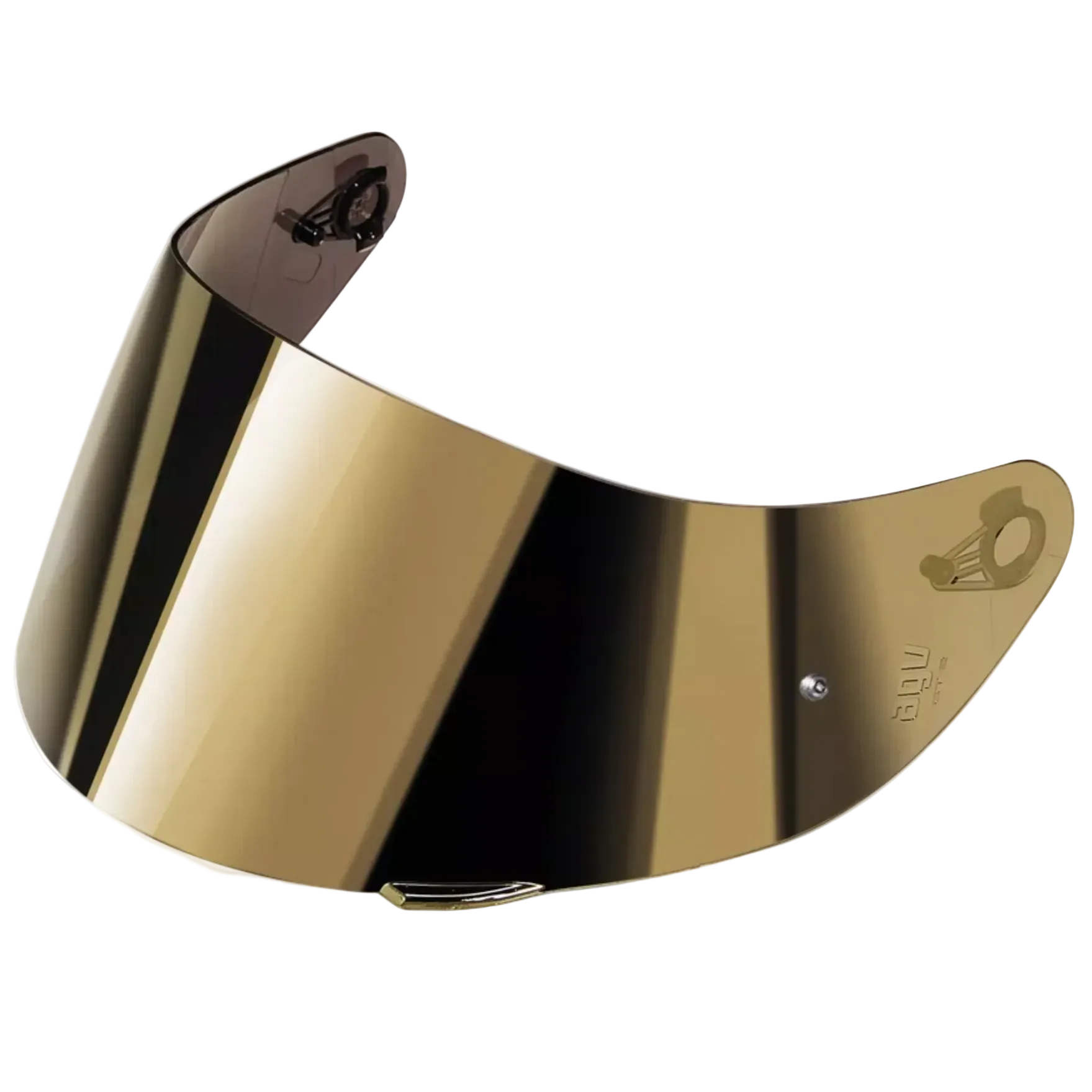 A curved motorcycle helmet visor lens with a metallic gold reflective finish, shown against a light gray background.