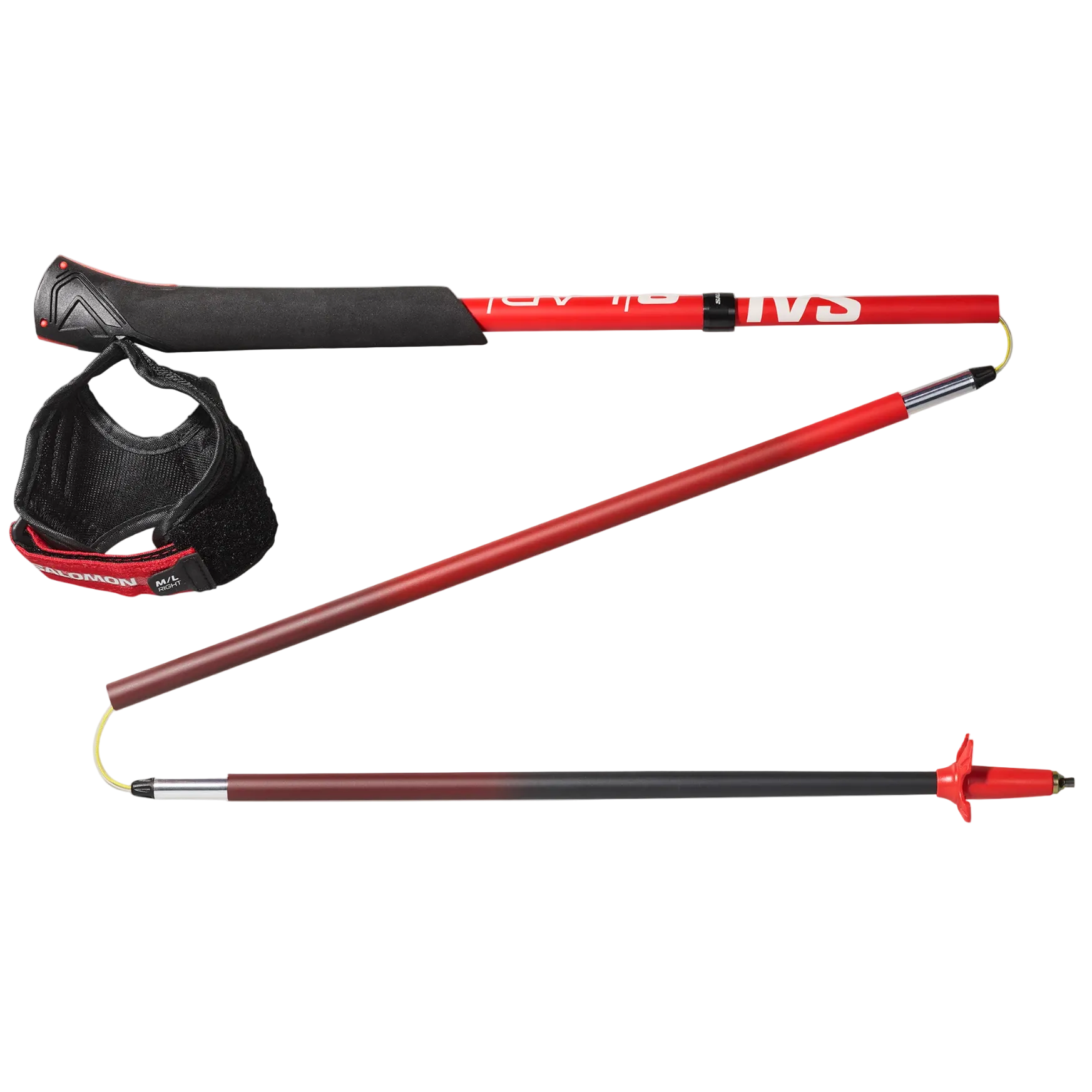 A set of three trekking poles laid out horizontally on a light gray background, featuring red and black shafts with a black wrist strap.