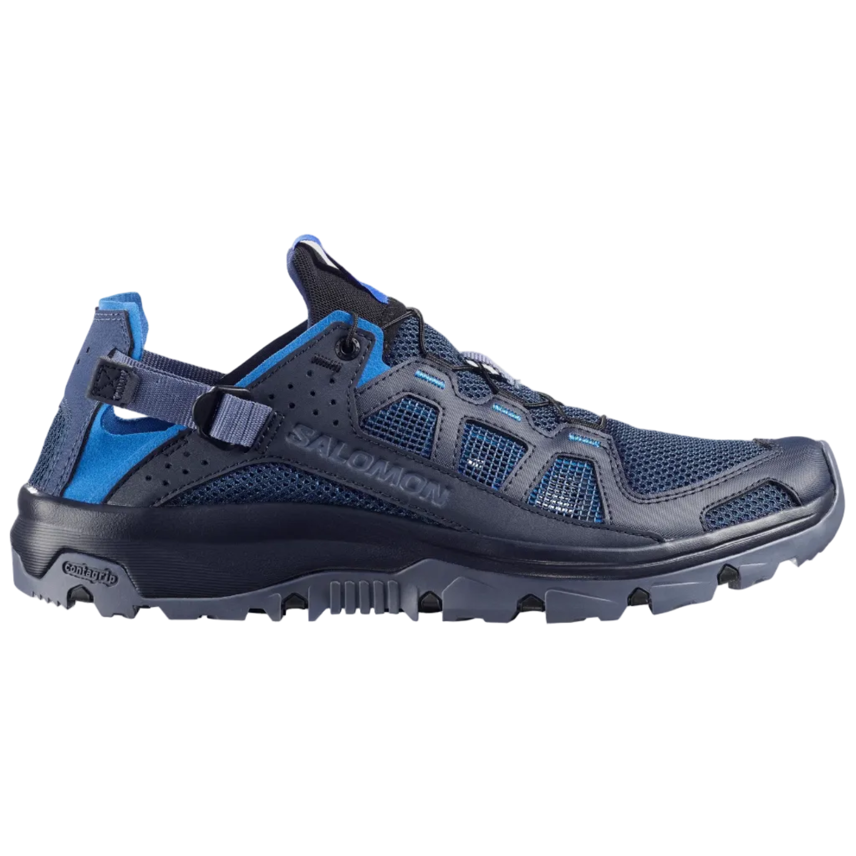 A Salomon trail running shoe in navy blue and bright blue, shown from the side against a light gray background.