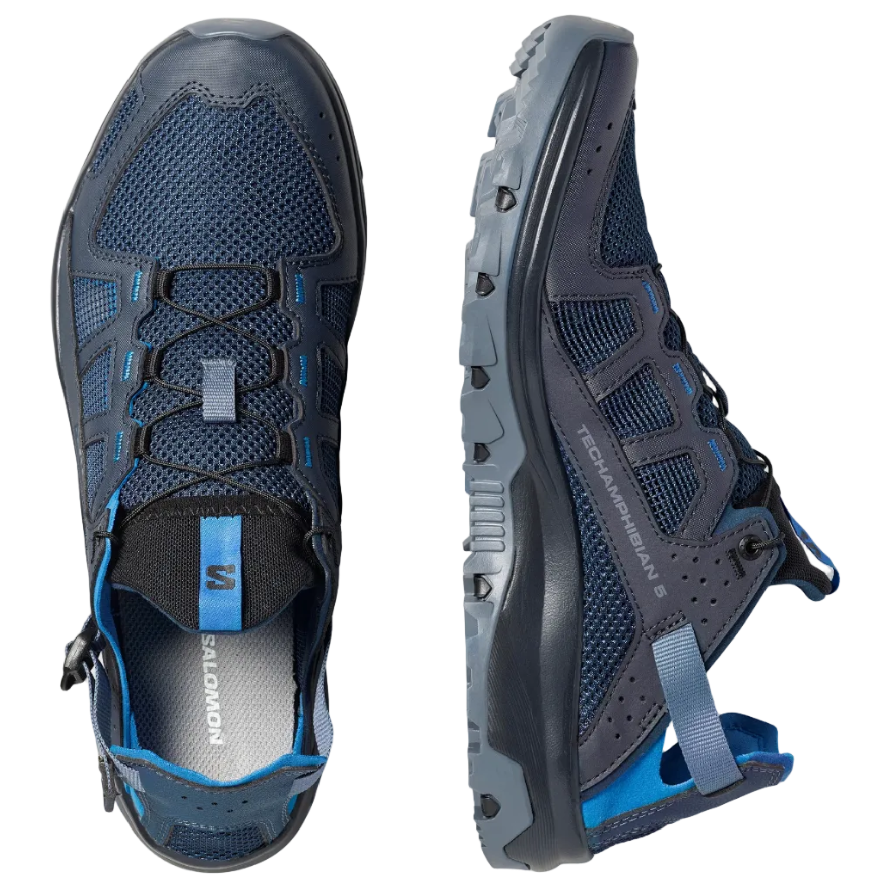 A pair of Salomon hiking shoes shown from two angles: a top-down view and a side profile view. The shoes are dark navy blue with black overlays, blue mesh details, and bright blue accents on the laces and heel pull tabs, set against a solid light gray background.