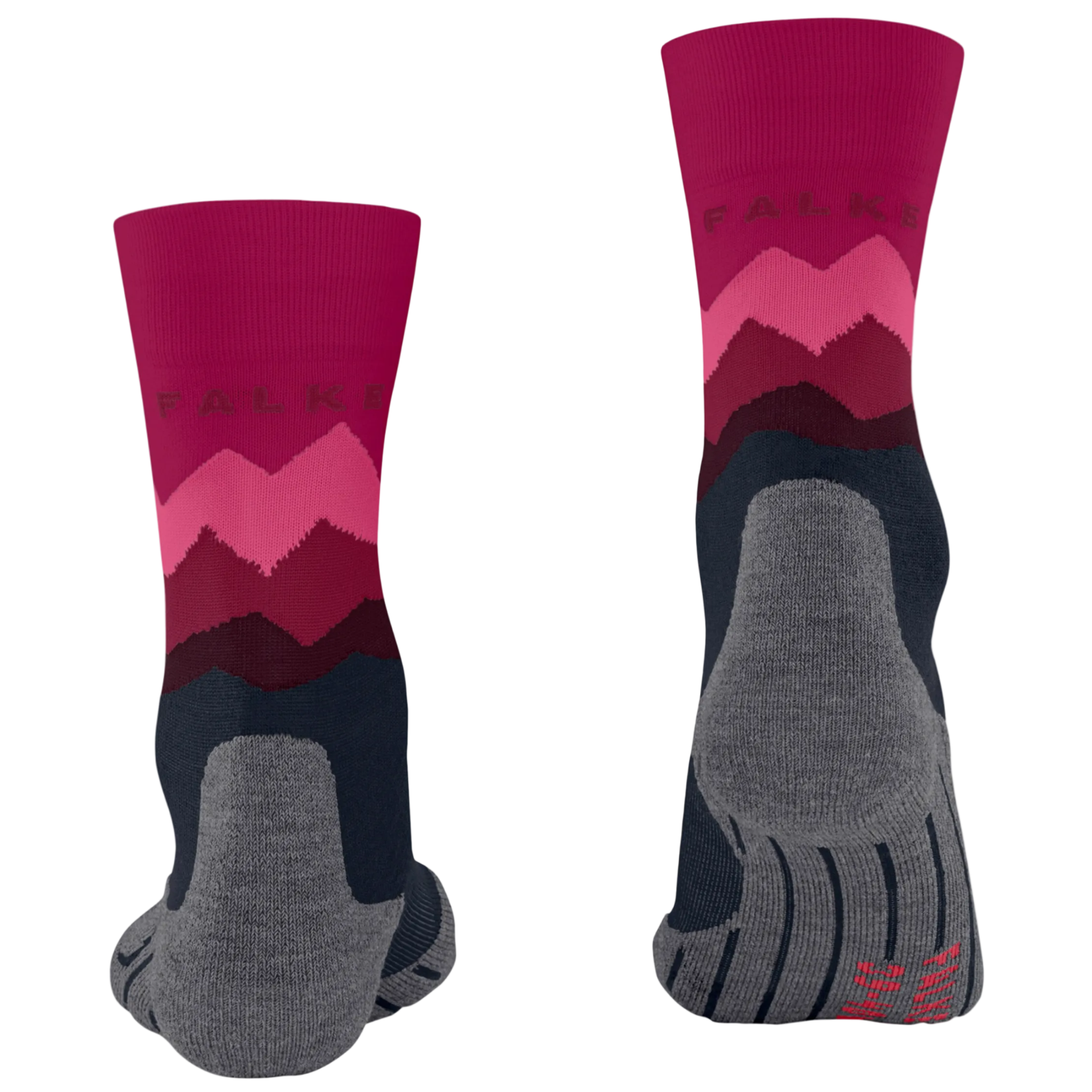 A pair of FALKS crew socks shown from both the front and back views on a plain white background. The socks feature a magenta and pink mountain pattern on the upper leg, a dark navy blue lower section, and a heather gray toe and heel area.
