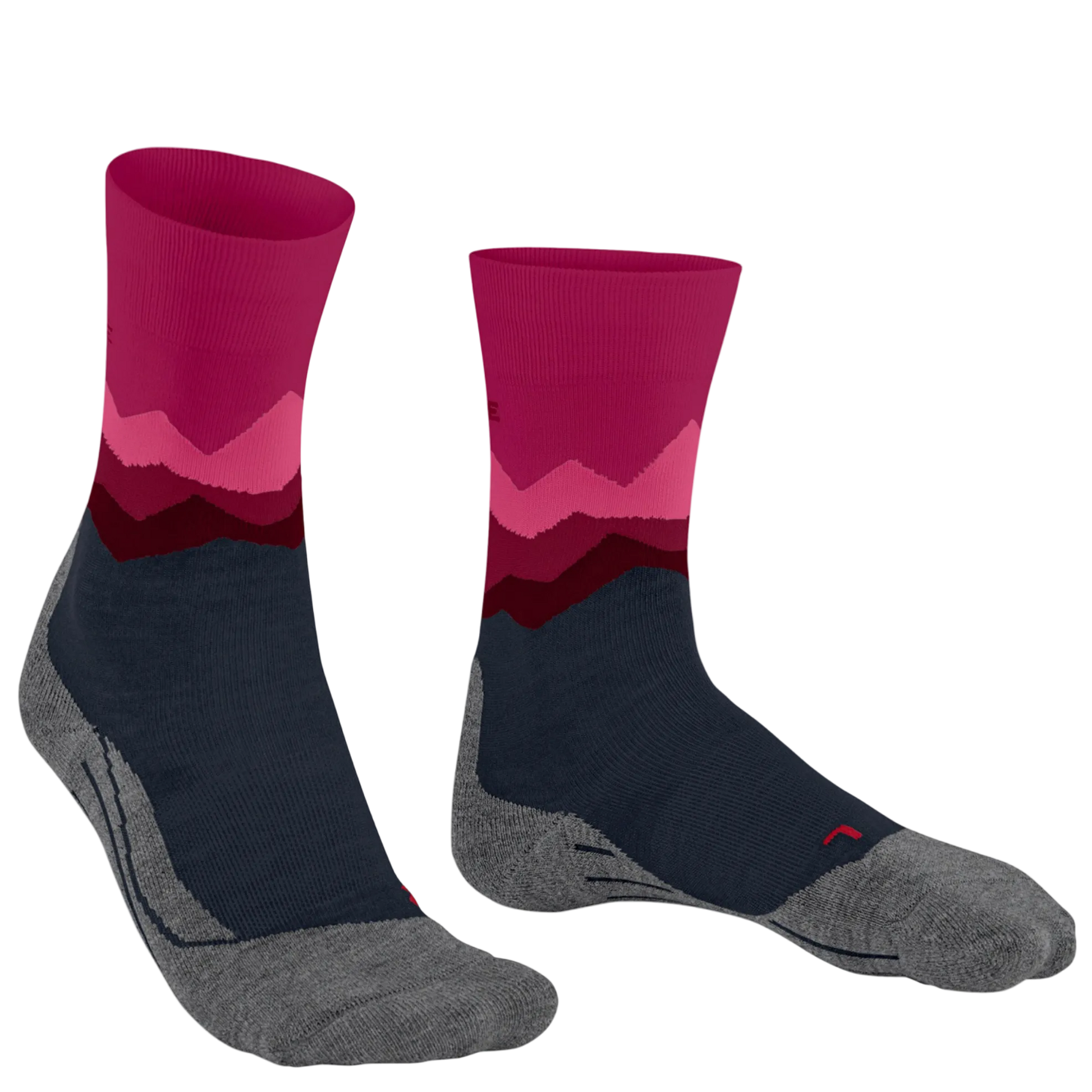 A pair of crew socks with a mountain landscape design, featuring a dark navy blue body, gray toe and heel areas, and a pink and burgundy mountain pattern on the upper leg, shown against a plain white background.