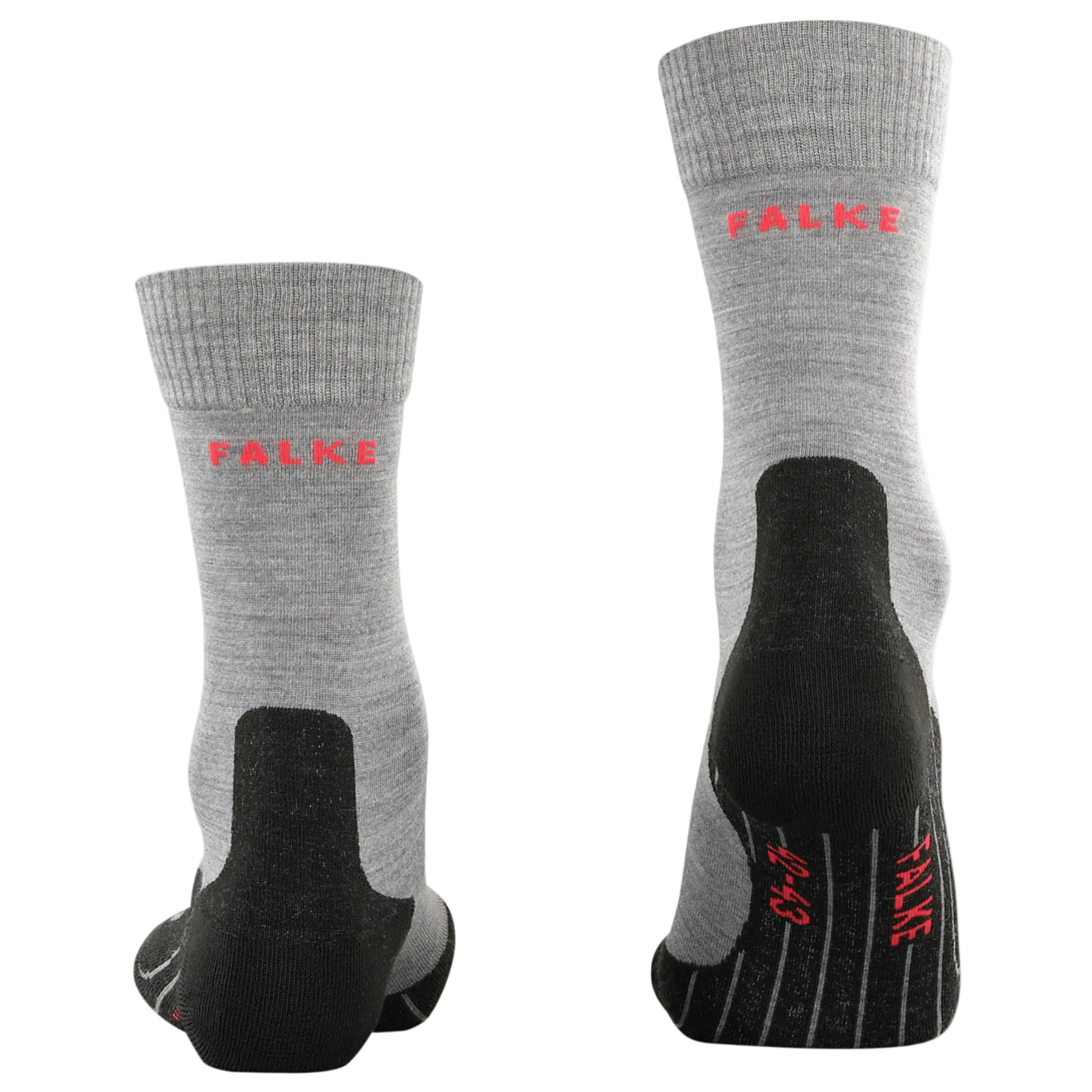A pair of gray heathered crew socks with black reinforced heels, toes, and soles, featuring the brand name 'FALKE' printed in red on the side and sole.