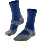 A pair of crew-length athletic socks in royal blue and heather gray, featuring a textured knit pattern around the instep, shown against a plain white background.