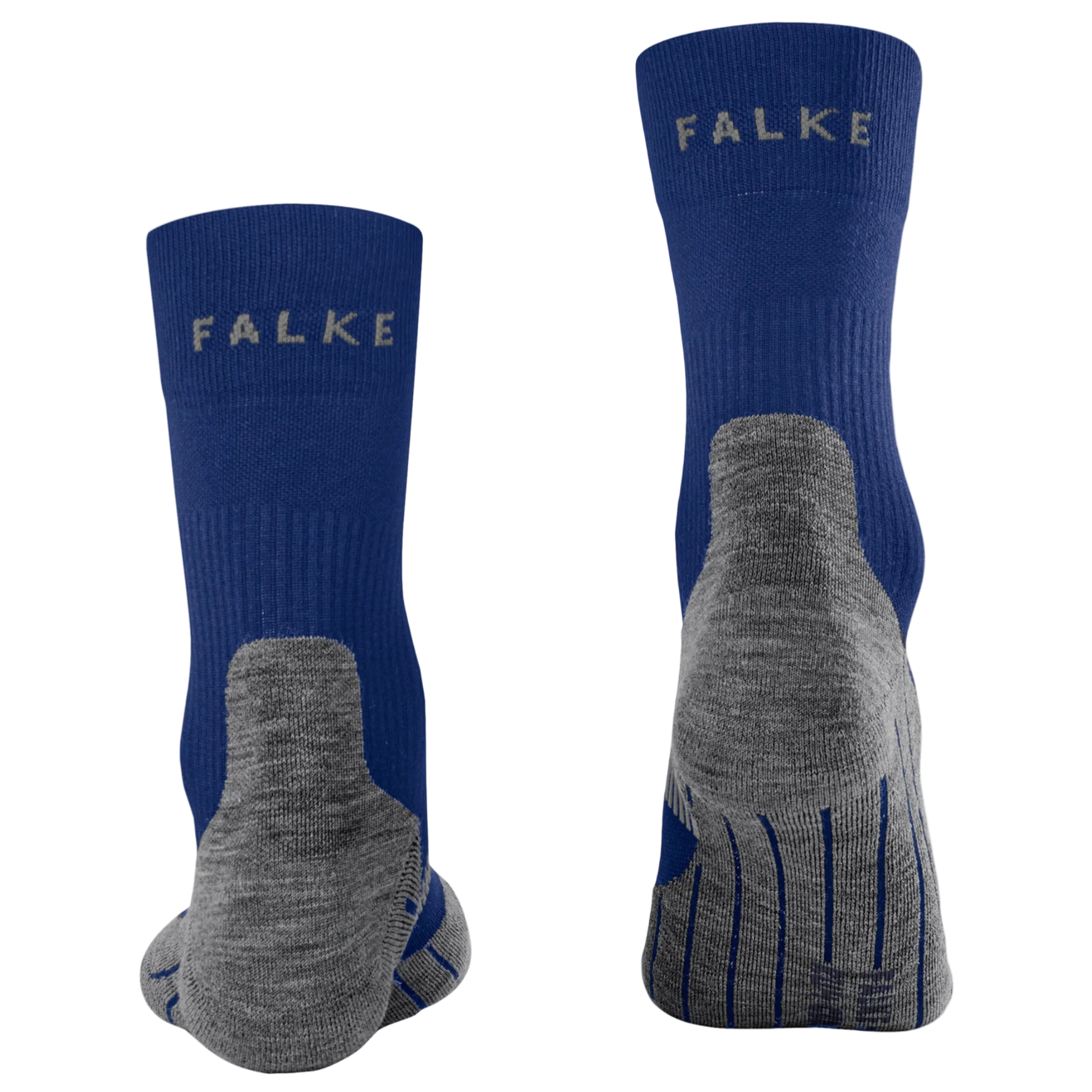 A pair of blue and gray athletic crew socks shown from the back, featuring the brand name 'FALKE' in light gray on the ribbed cuffs, with a heather gray knit heel, toe, and sole area.