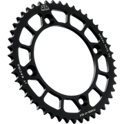 A black JT Racing crankcase sprocket with cutout design, featuring white printed branding and model specifications on a solid white background.