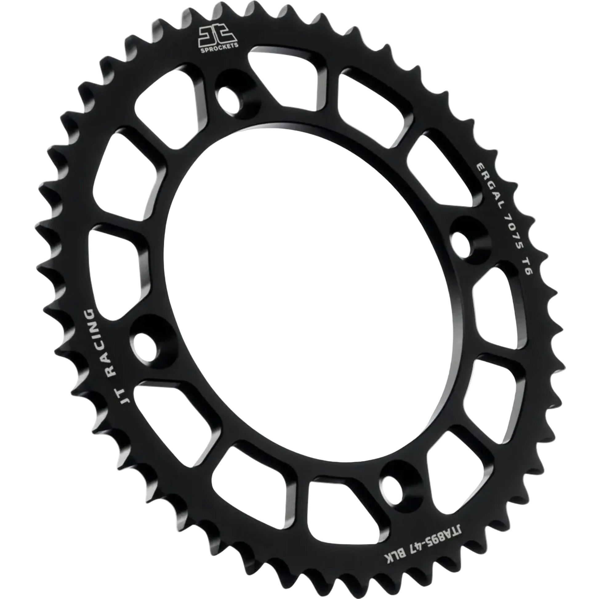 A black JT Racing crankcase sprocket with cutout design, featuring white printed branding and model specifications on a solid white background.