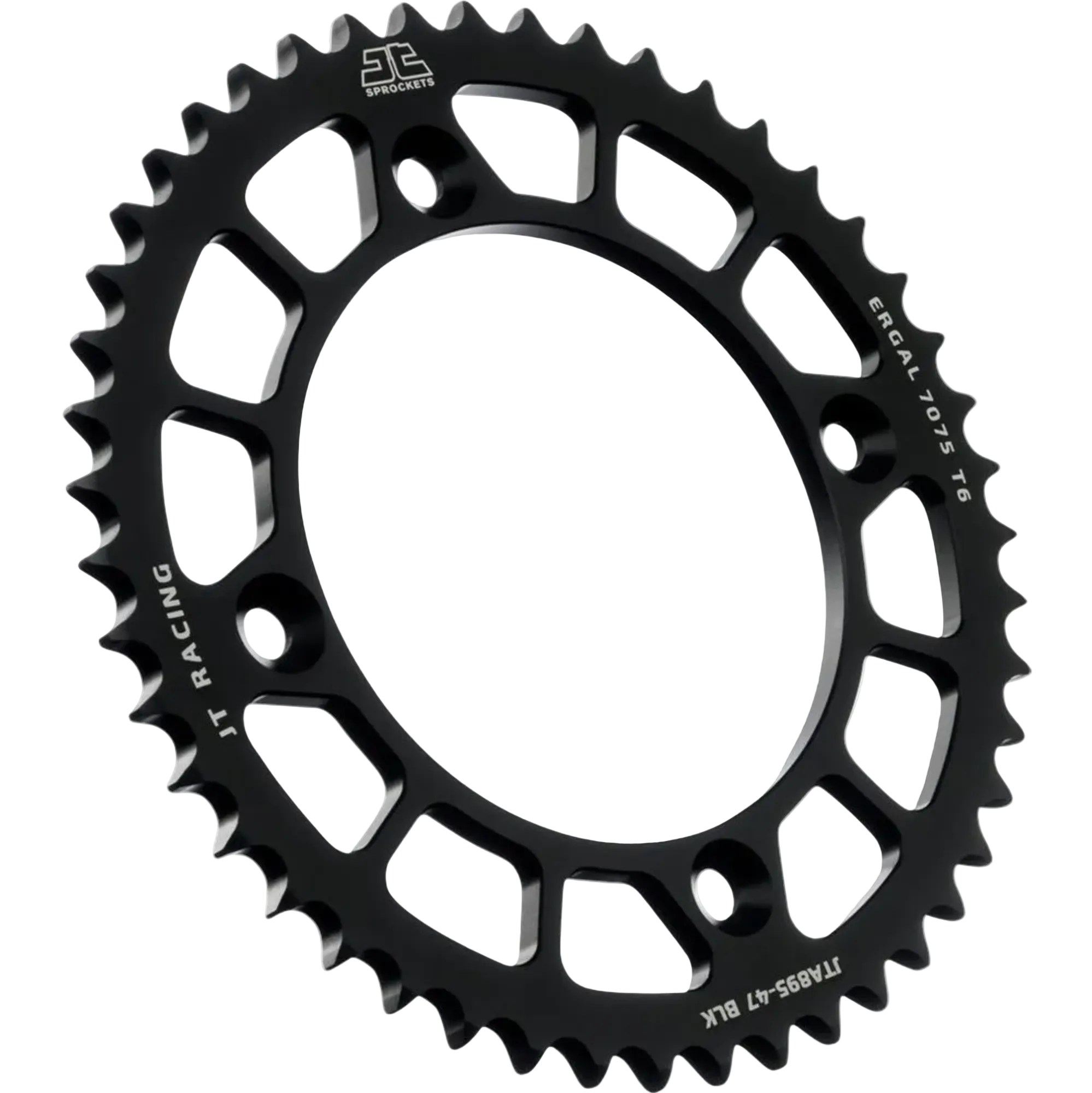 A black JT Racing crankcase sprocket with cutout design, featuring white printed branding and model specifications on a solid white background.