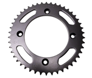 A black metal motorcycle or bicycle rear sprocket gear with five cutout slots and four mounting holes, shown on a plain white background.