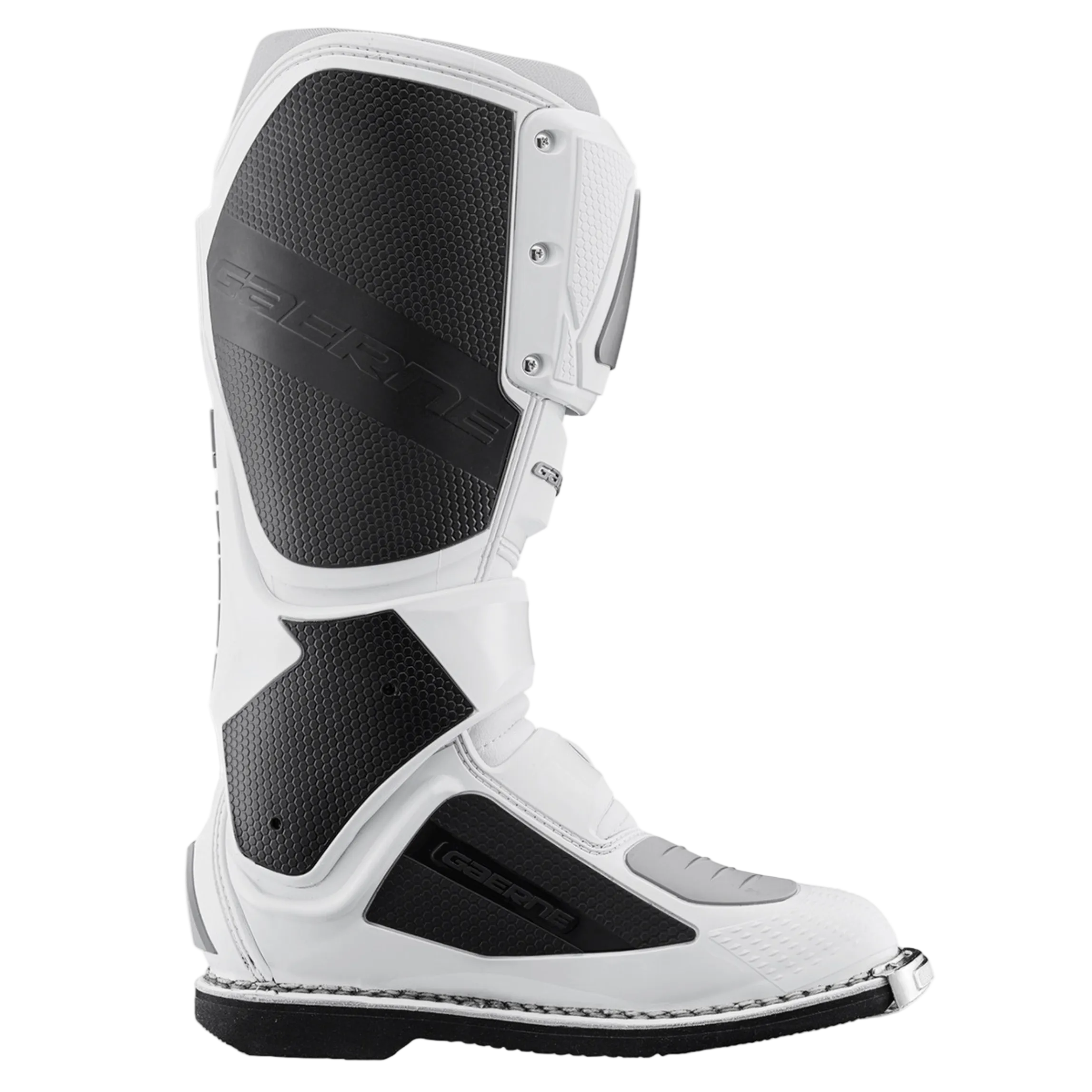 White and black motorcycle boot on a white background