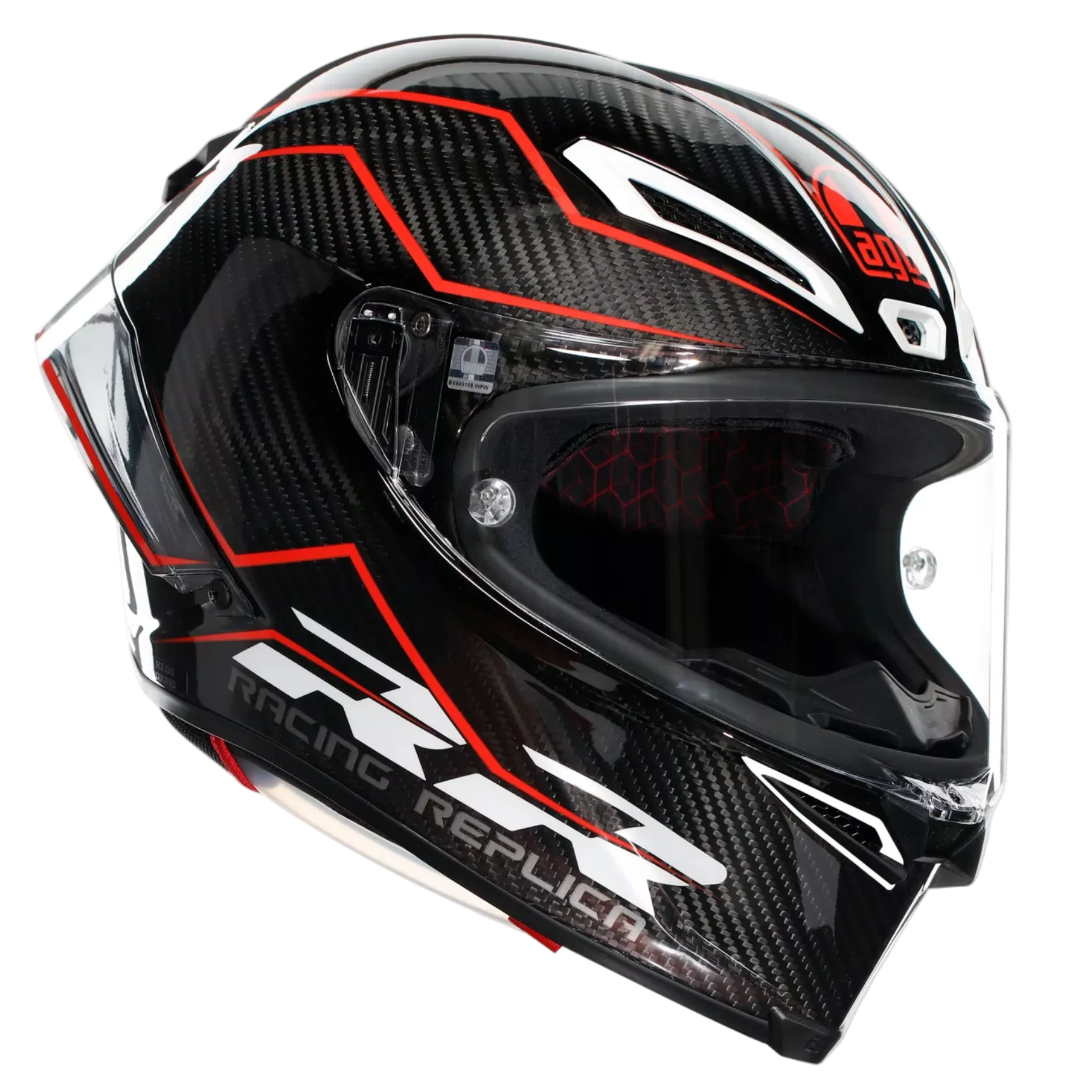 A full-face motorcycle helmet in glossy black with a carbon fiber pattern, featuring red and white graphic accents and a clear visor, shown against a light gray background.