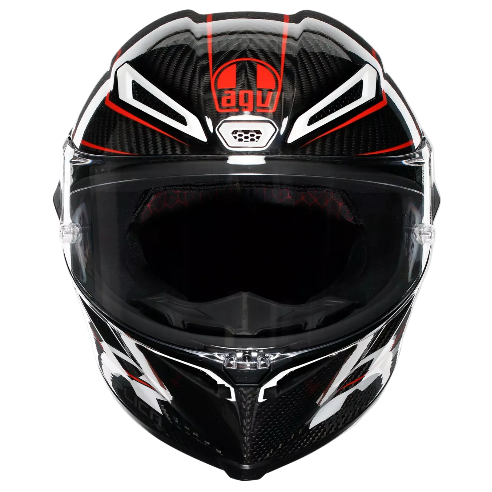 A full-face motorcycle helmet with a black and carbon fiber pattern, featuring white and red graphic accents and a clear visor, shown against a light gray background.