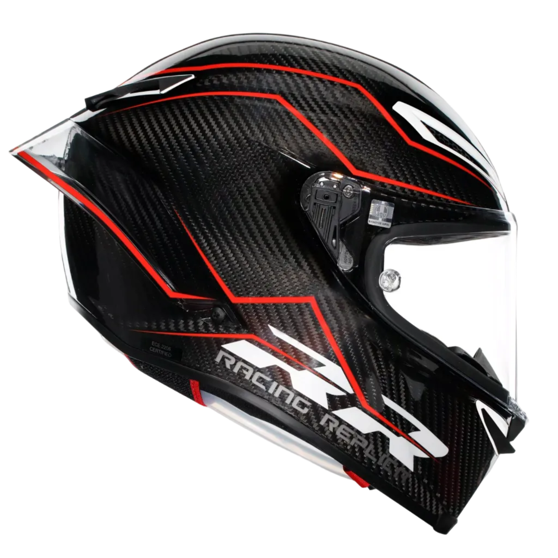 A full-face racing motorcycle helmet featuring a black carbon fiber pattern with red and white graphic accents, a clear visor, and 'RACING REK' branding on the lower side, shown against a light gray background.