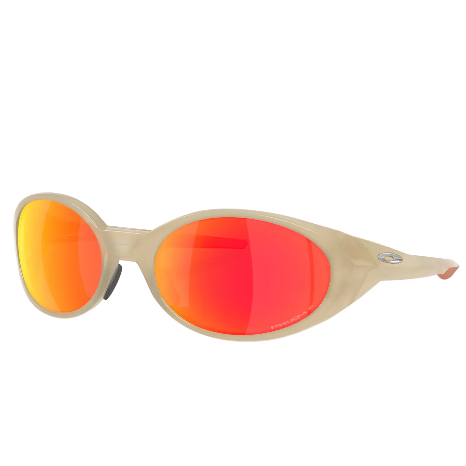 Oval sunglasses with a translucent beige frame and mirrored lenses that shift from orange to red, shown on a light gray background.