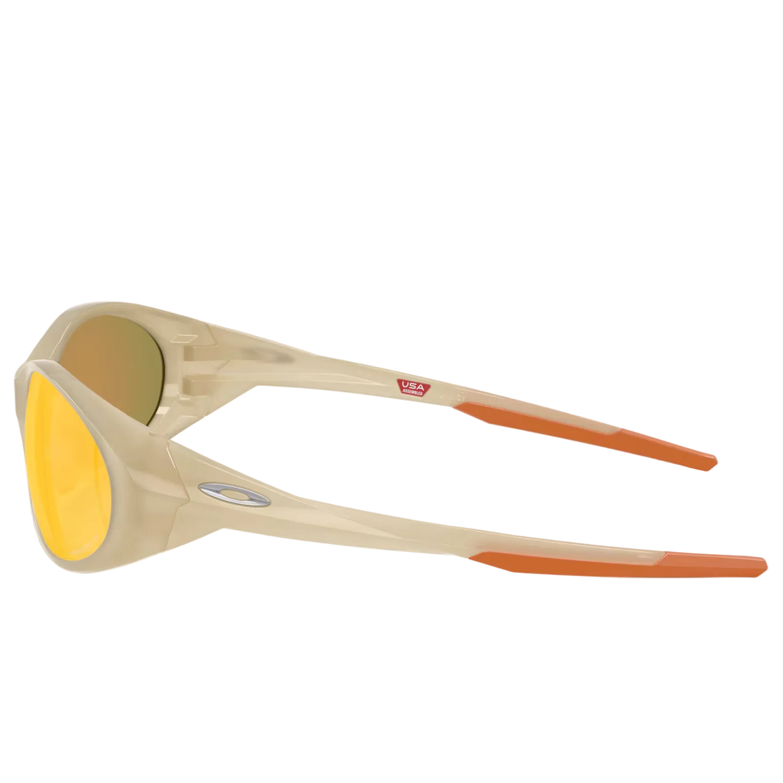 Oakley sunglasses with a beige frame, yellow mirrored lenses, and orange-tipped arms, shown on a light gray background.