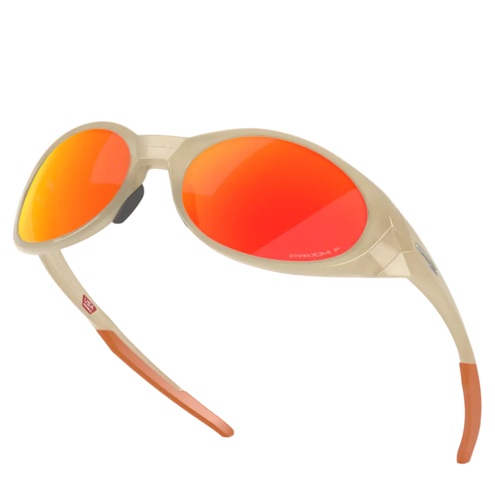 A pair of sport sunglasses with a translucent beige frame and vibrant orange-red mirrored lenses, shown on a clean light gray background.
